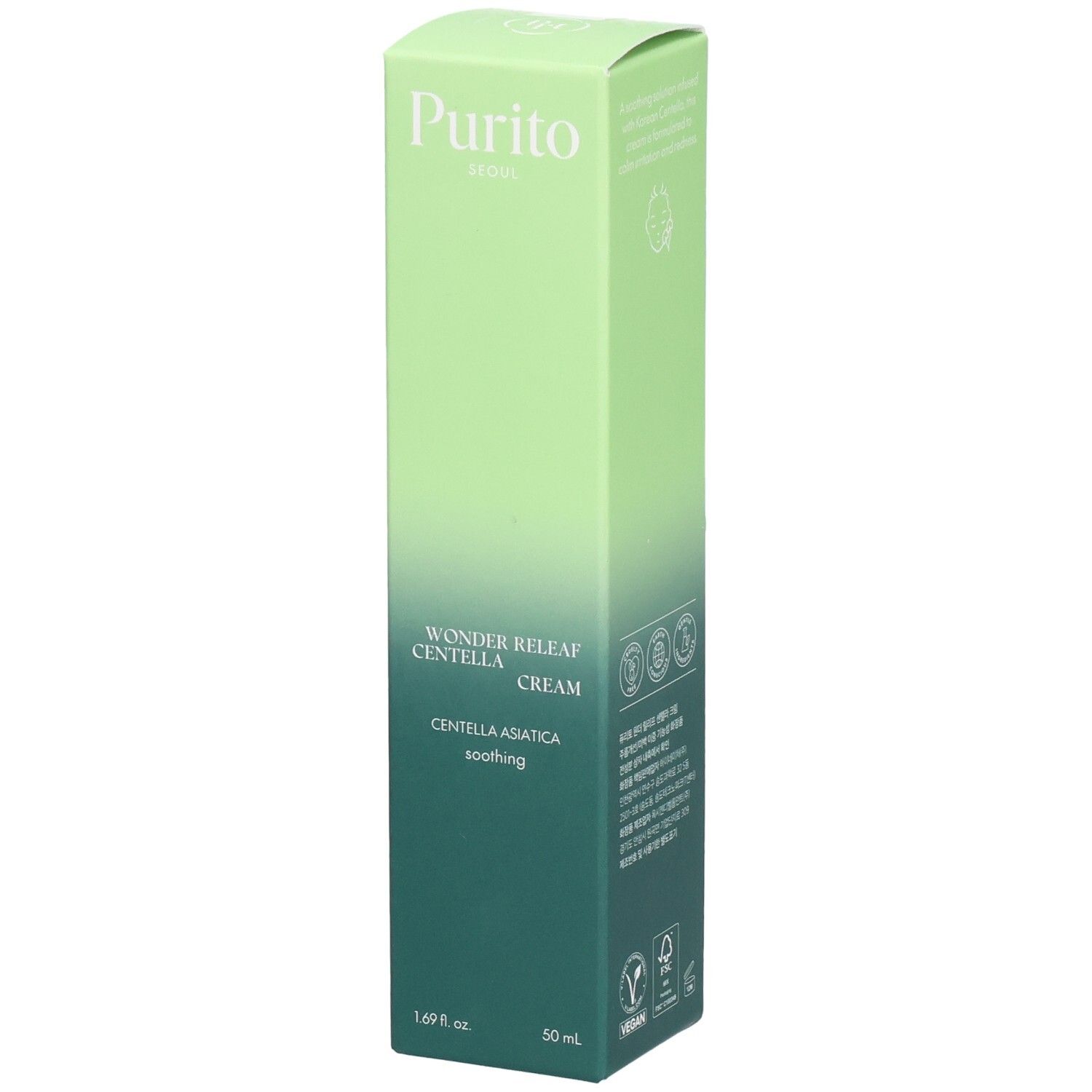 Emballage vert de la crème Purito. Texte: Wonder Releaf Centella Cream, Centella Asiatica, apaisant. Label Vegan.