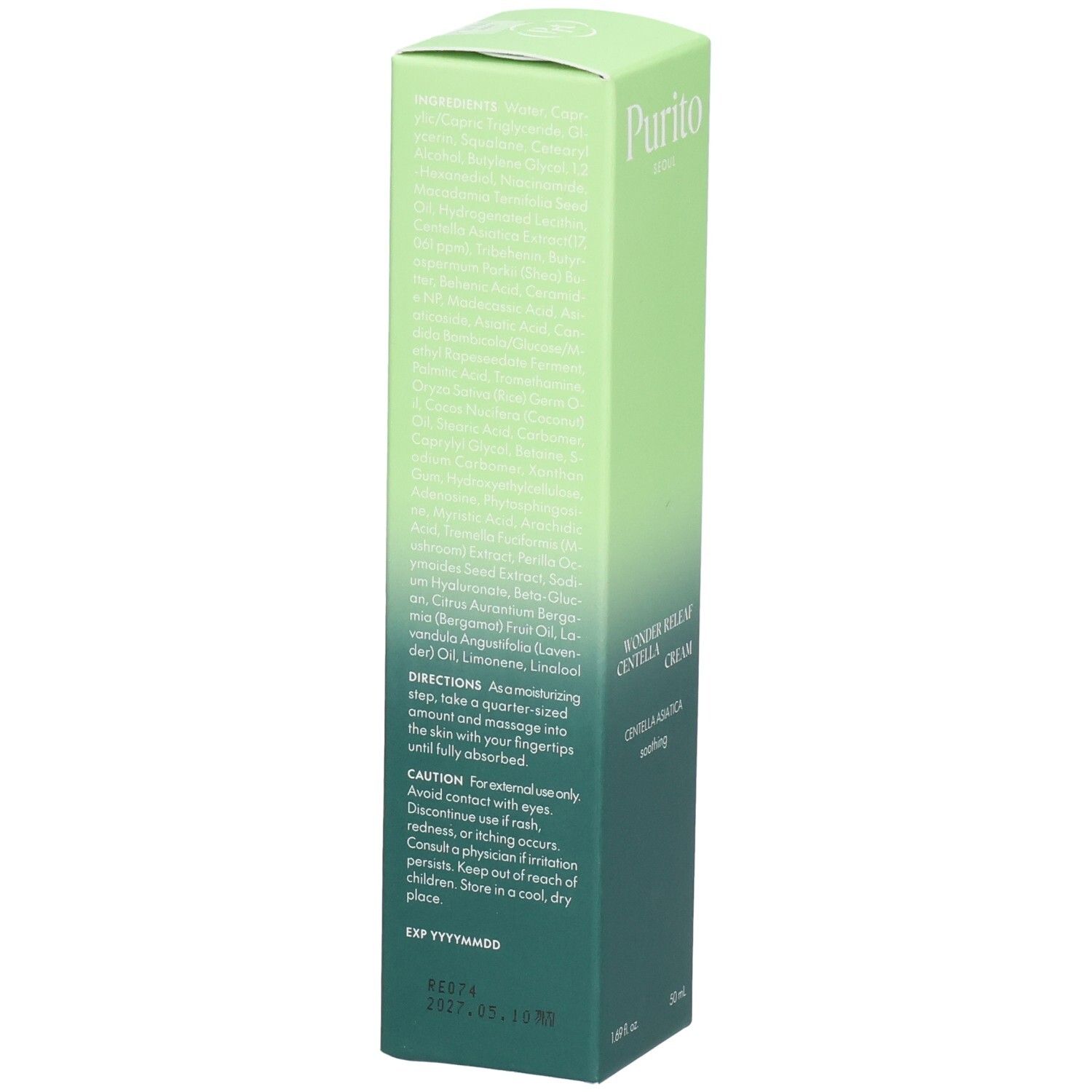 Dos de l'emballage vert de la crème Purito. Texte: ingrédients, mode d'emploi, précautions. Label Vegan.