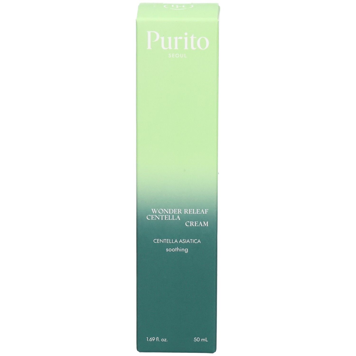 Emballage vert de la crème Purito. Texte: Wonder Releaf Centella Cream, Centella Asiatica, apaisant. 50 ml.