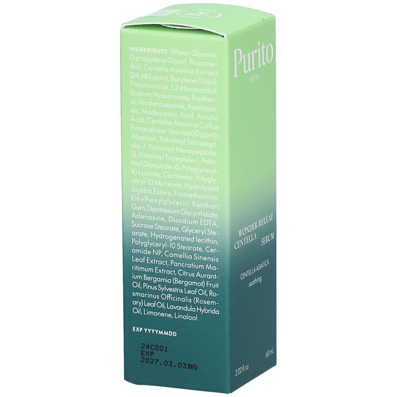Emballage vert avec ingrédients et date de péremption. 60 ml. Texte : Wonder Releaf Centella Serum.