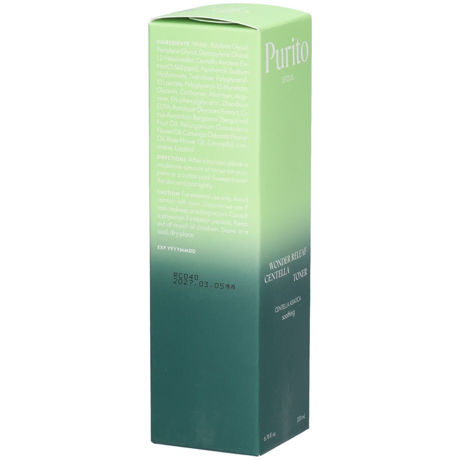 Emballage vert avec nom et logo du produit. Texte : Wonder Releaf Centella Toner. Label végétalien.