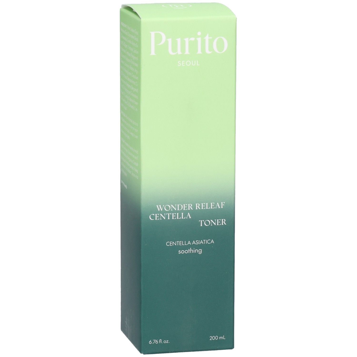 Emballage vert avec nom et logo du produit. Texte : Wonder Releaf Centella Toner. Label végétalien.