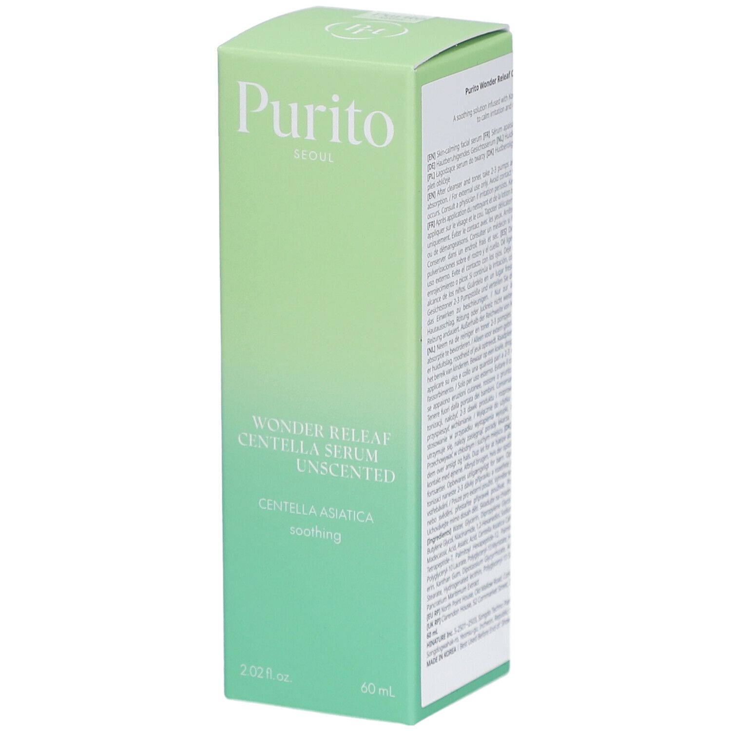 Emballage vert. Inscription : Purito Seoul, Wonder Releaf Centella Serum Unscented, Centella Asiatica, soothing. 60 ml.