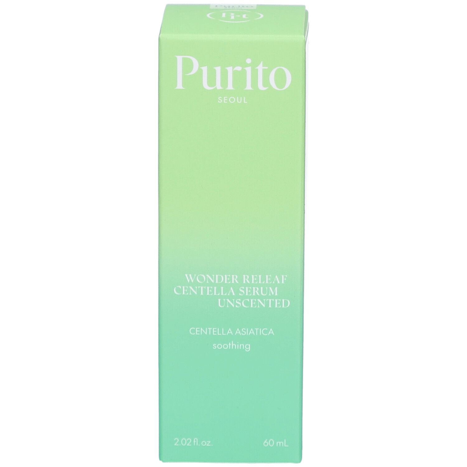 Emballage vert. Inscription : Purito Seoul, Wonder Releaf Centella Serum Unscented, Centella Asiatica, soothing. 60 ml.
