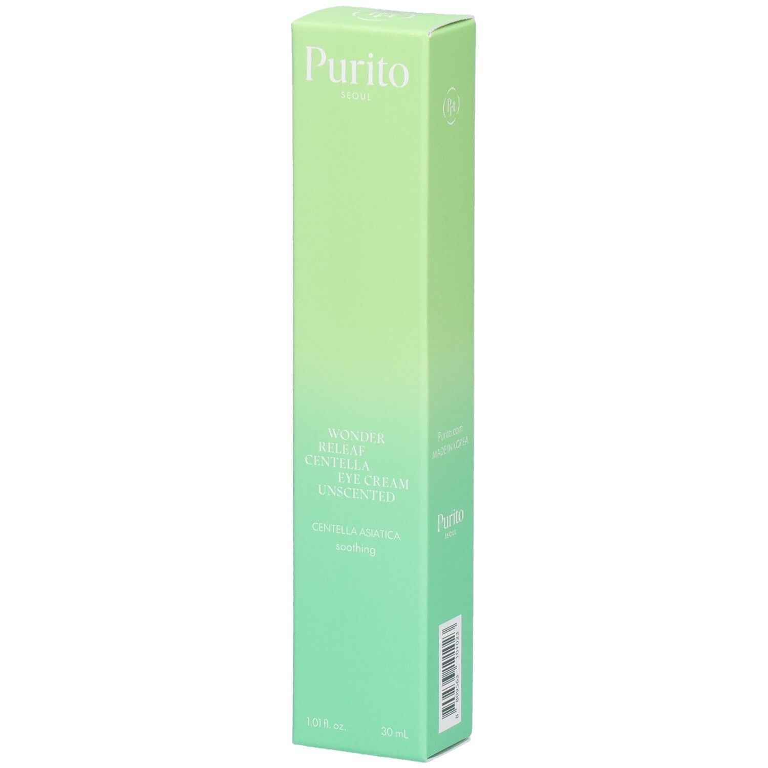 Groene, langwerpige verpakking. Boven: "Purito". Productnaam: Wonder Releaf Centella Eye Cream Unscented. Onder: 30 ml.