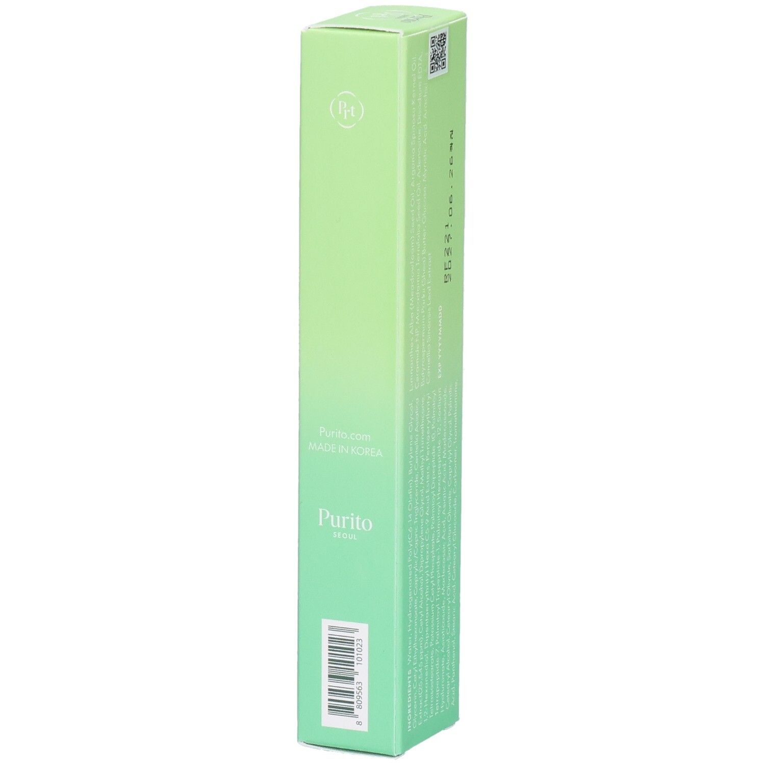 Groene, langwerpige verpakking. Boven: "Purito". Productnaam: Wonder Releaf Centella Eye Cream. Onder: 30 ml.