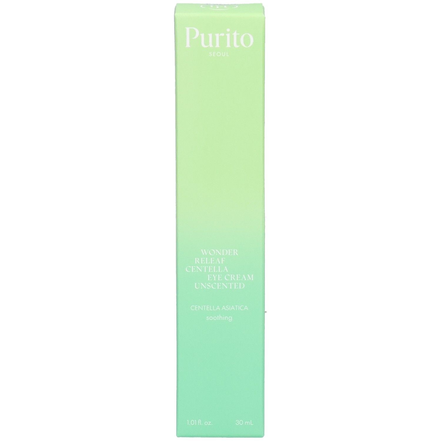 Groene, langwerpige verpakking. Boven: "Purito". Productnaam: Wonder Releaf Centella Eye Cream Unscented. Onder: 30 ml.