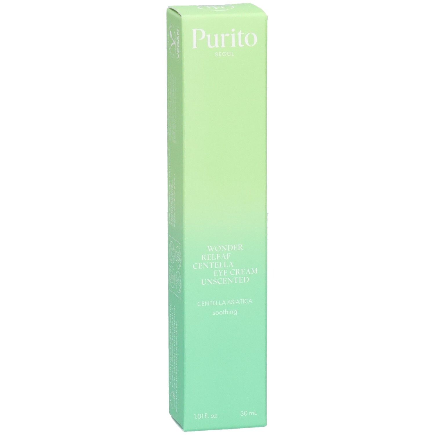 Groene, langwerpige verpakking. Boven: "Purito". Productnaam: Wonder Releaf Centella Eye Cream Unscented. Onder: 30 ml.