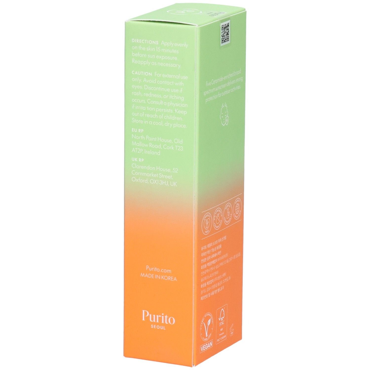 Côté de l'emballage du produit. Texte: avertissements, adresse du fabricant, certifications. Couleurs: vert, orange.