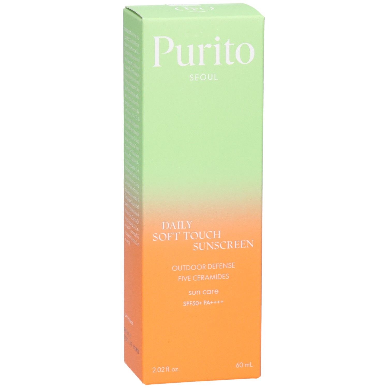 Boîte verte et orange avec informations produit. Texte: Purito, Daily Soft Touch Sunscreen, SPF 50+ PA++++.