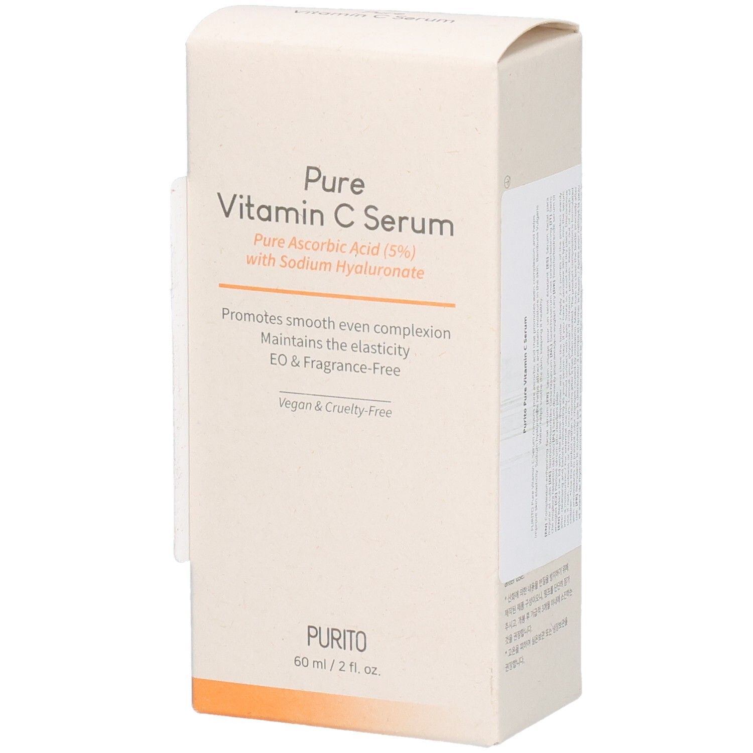 Boîte en carton beige avec informations produit. Inscription : Pure Vitamin C Serum. Vegan & sans cruauté. Logo PURITO.