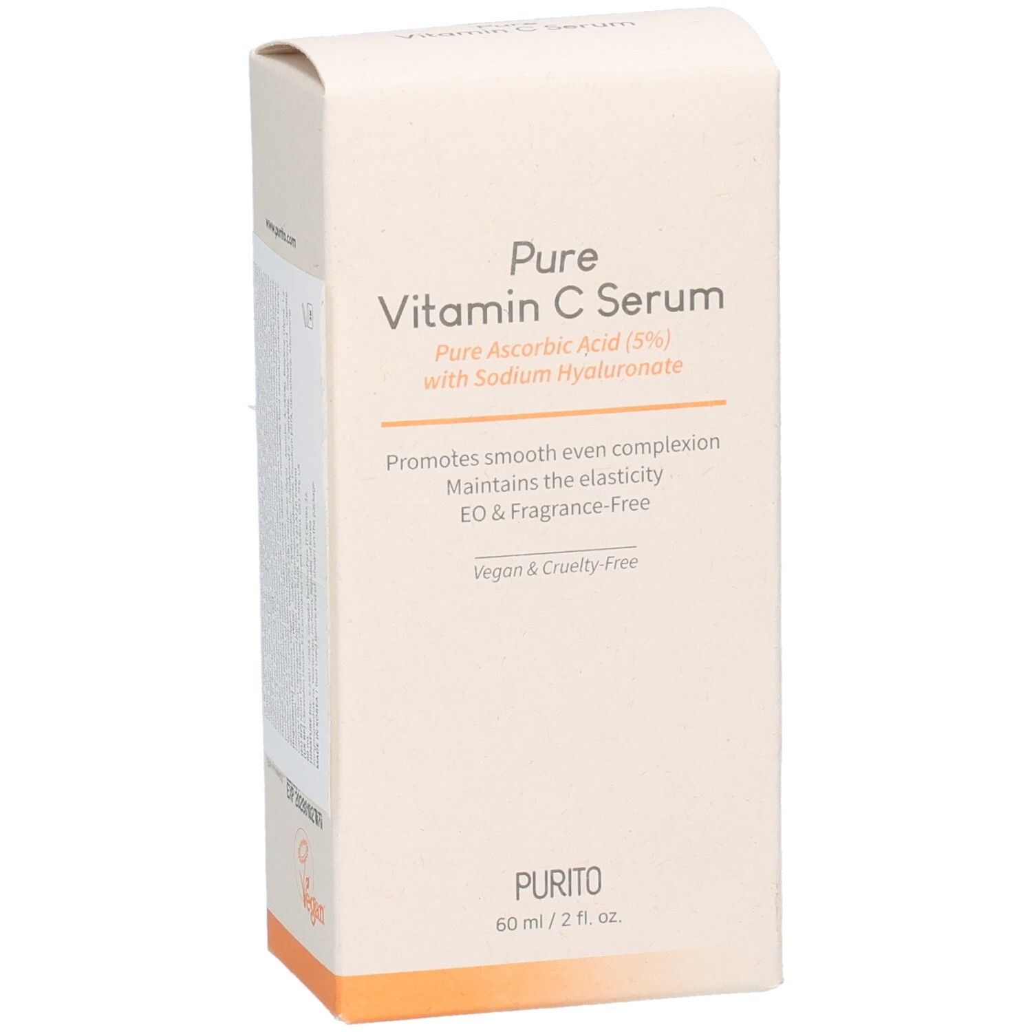 Boîte en carton avec informations produit. Inscription : Pure Vitamin C Serum. Vegan & sans cruauté. Logo PURITO. 60 ml / 2 fl. oz.