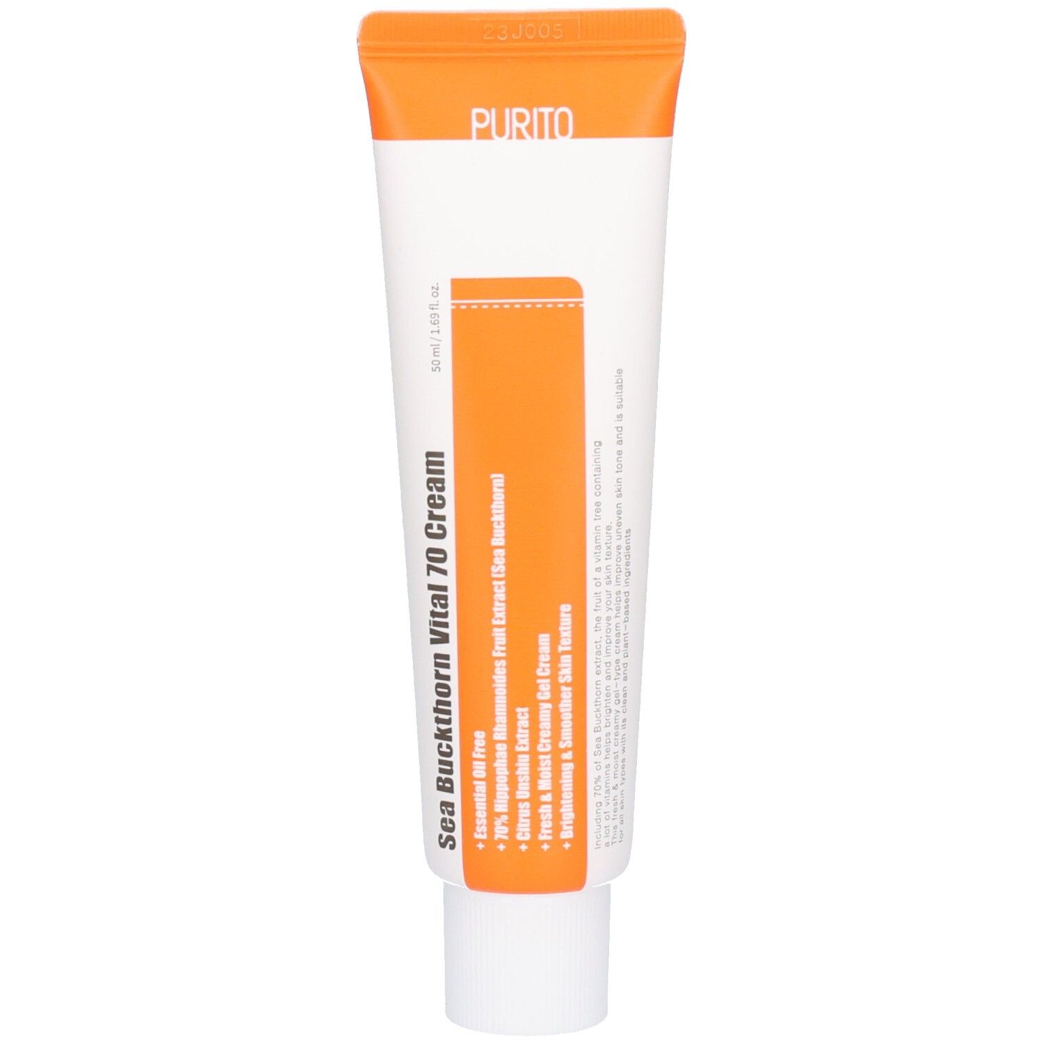 Tube de crème avec bouchon orange. Texte: Sea Buckthorn Vital 70 Cream. Marque: Purito. Tube blanc avec étiquette orange.