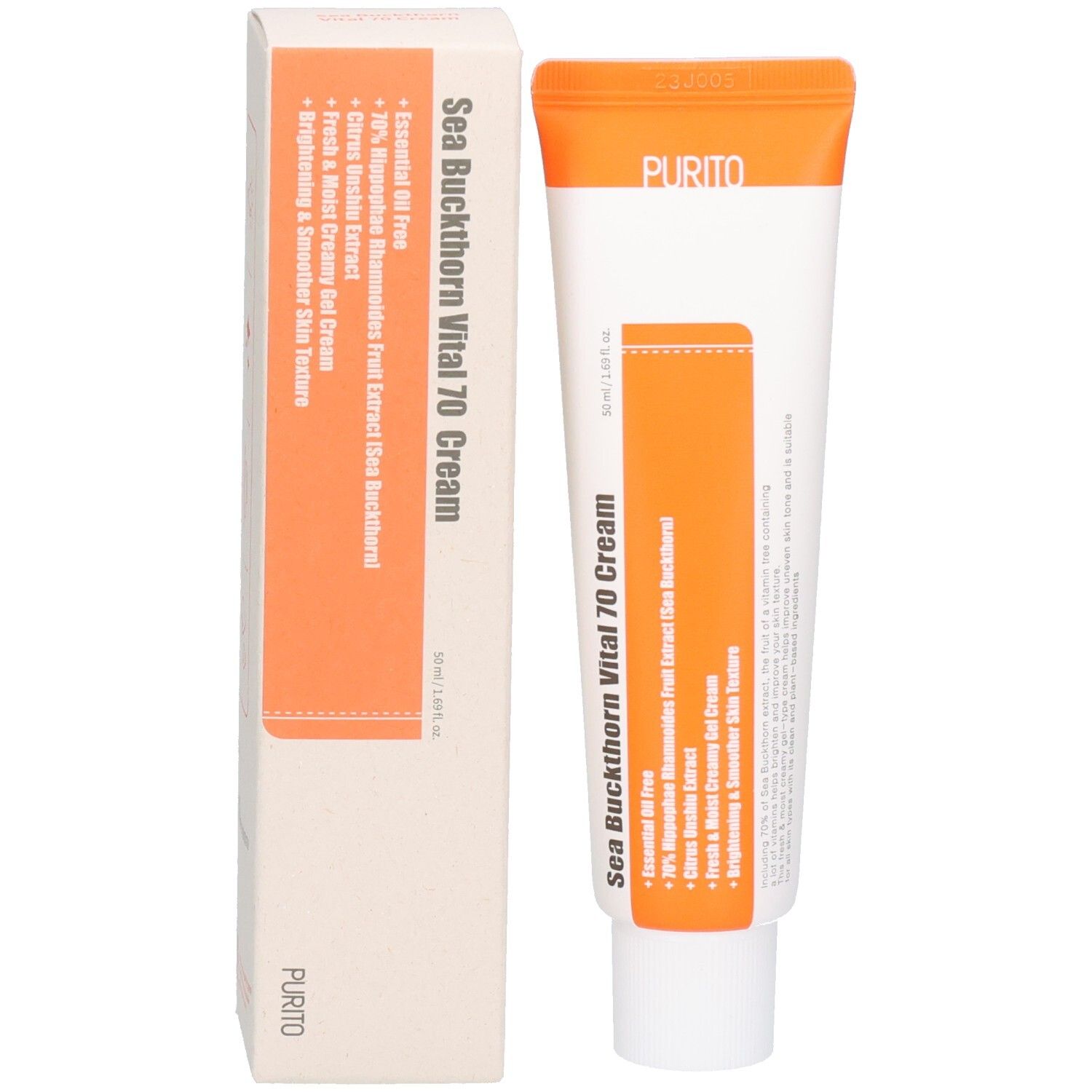 Tube de crème et boîte. Texte: Sea Buckthorn Vital 70 Cream. Marque: Purito. Tube et boîte blancs avec des accents orange.