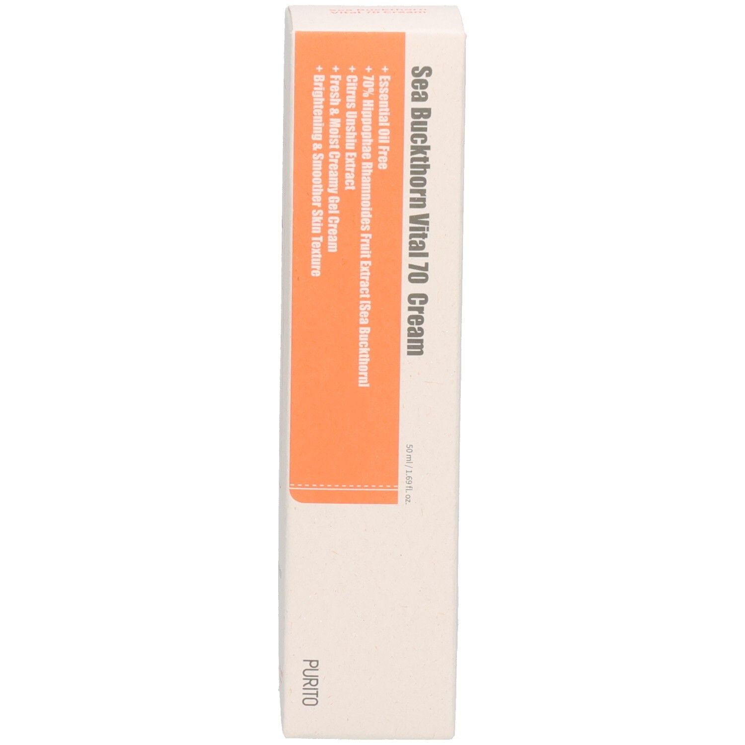Boîte avec texte: Sea Buckthorn Vital 70 Cream. Marque: Purito. Boîte blanche avec étiquette orange et texte.