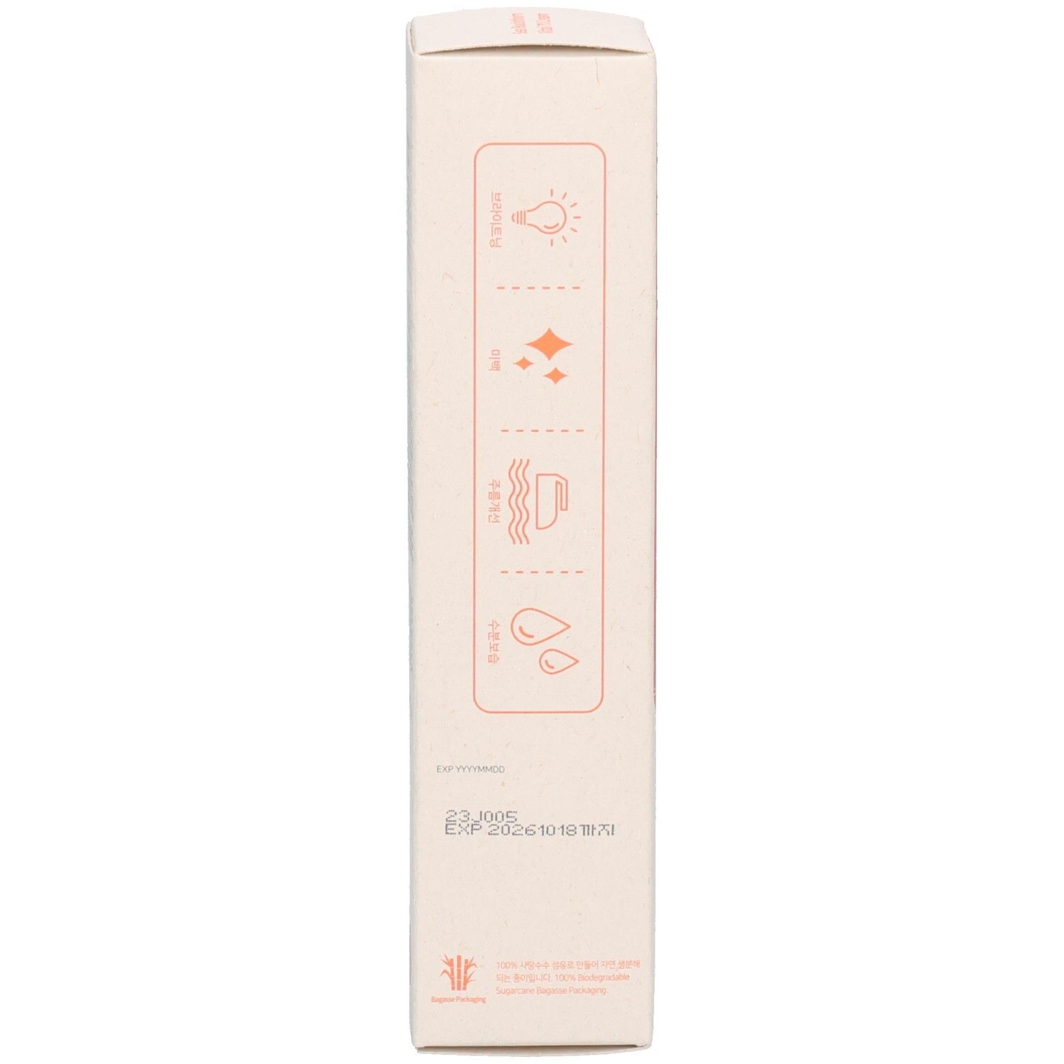 Côté de la boîte. Pictogrammes et texte. Date d'expiration. Marque: Purito. Boîte blanche avec des symboles roses.