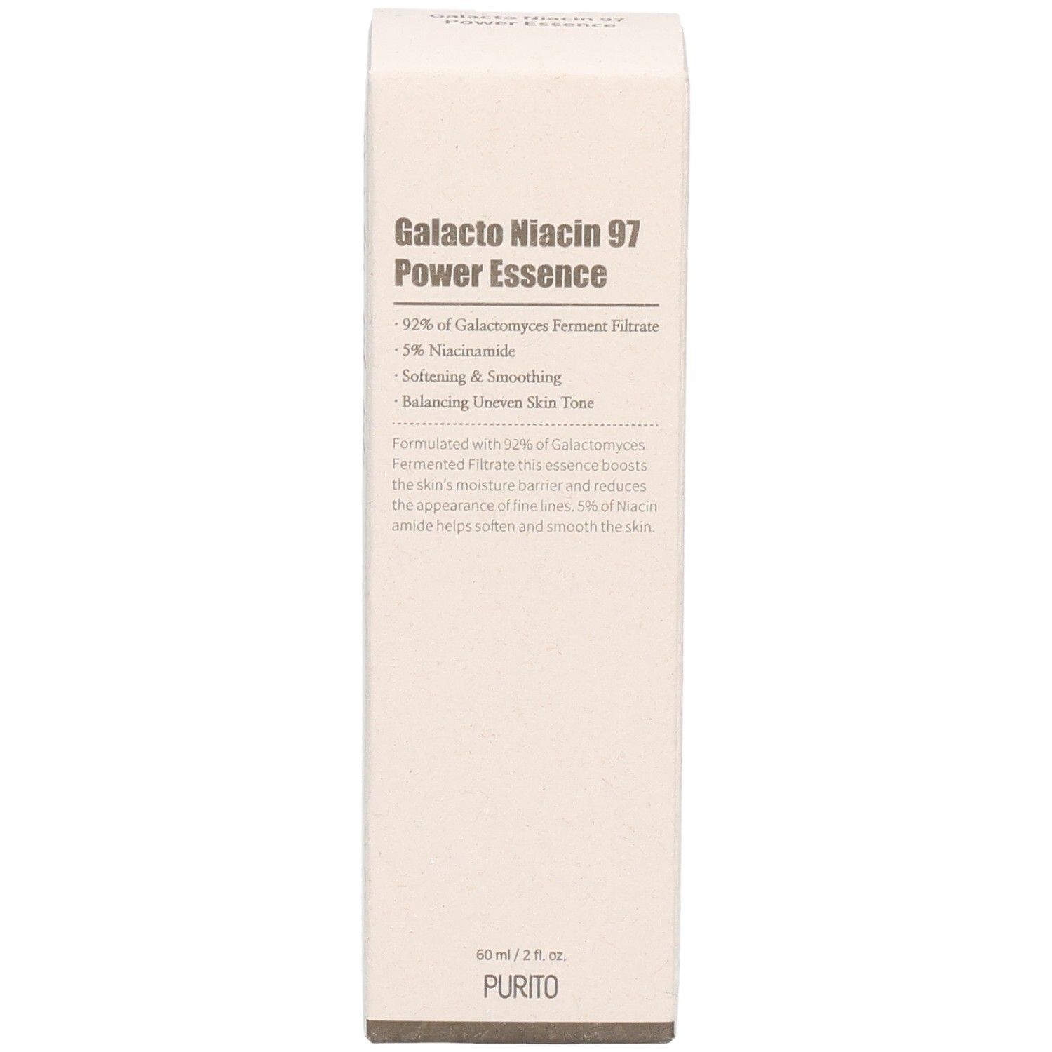 Boîte beige. Texte: Galacto Niacin 97 Power Essence. Ingrédients, 92% Galactomyces Ferment Filtrate, 5% Niacinamide. Logo PURITO.