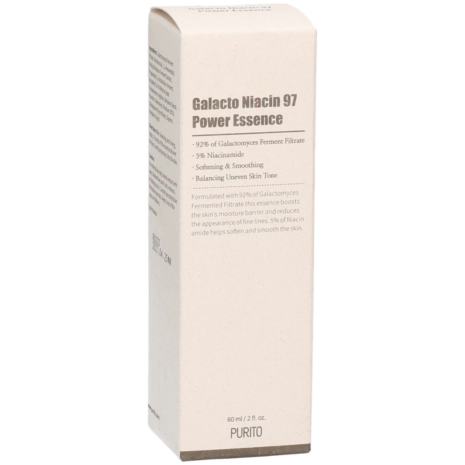 Boîte beige. Texte: Galacto Niacin 97 Power Essence. Ingrédients, 92% Galactomyces Ferment Filtrate, 5% Niacinamide. Logo PURITO.