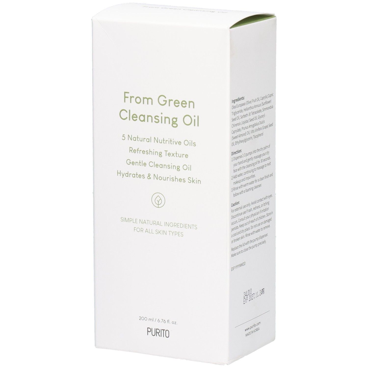 Witte productverpakking met groene tekst. From Green Cleansing Oil, 5 Natural Nutritive Oils, Hydrates & Nourishes Skin. Onderaan: PURITO.
