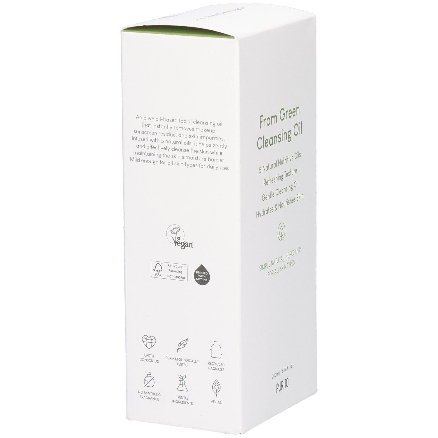 Witte productverpakking met groene tekst en logo's. From Green Cleansing Oil, Vegan, Dermatologisch getest. Onderaan: PURITO.