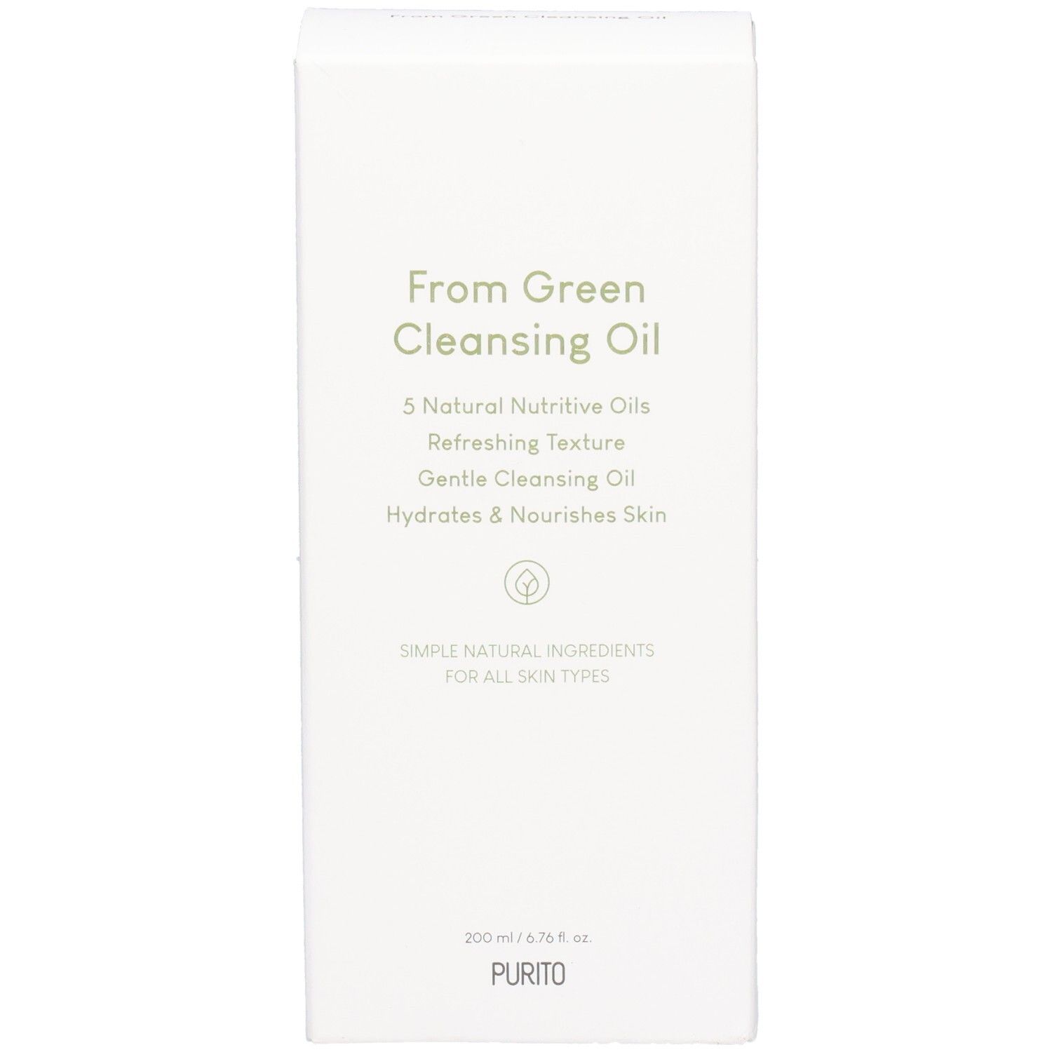 Witte productverpakking met groene tekst. From Green Cleansing Oil, 5 Natural Nutritive Oils, Hydrates & Nourishes Skin. Onderaan: PURITO.