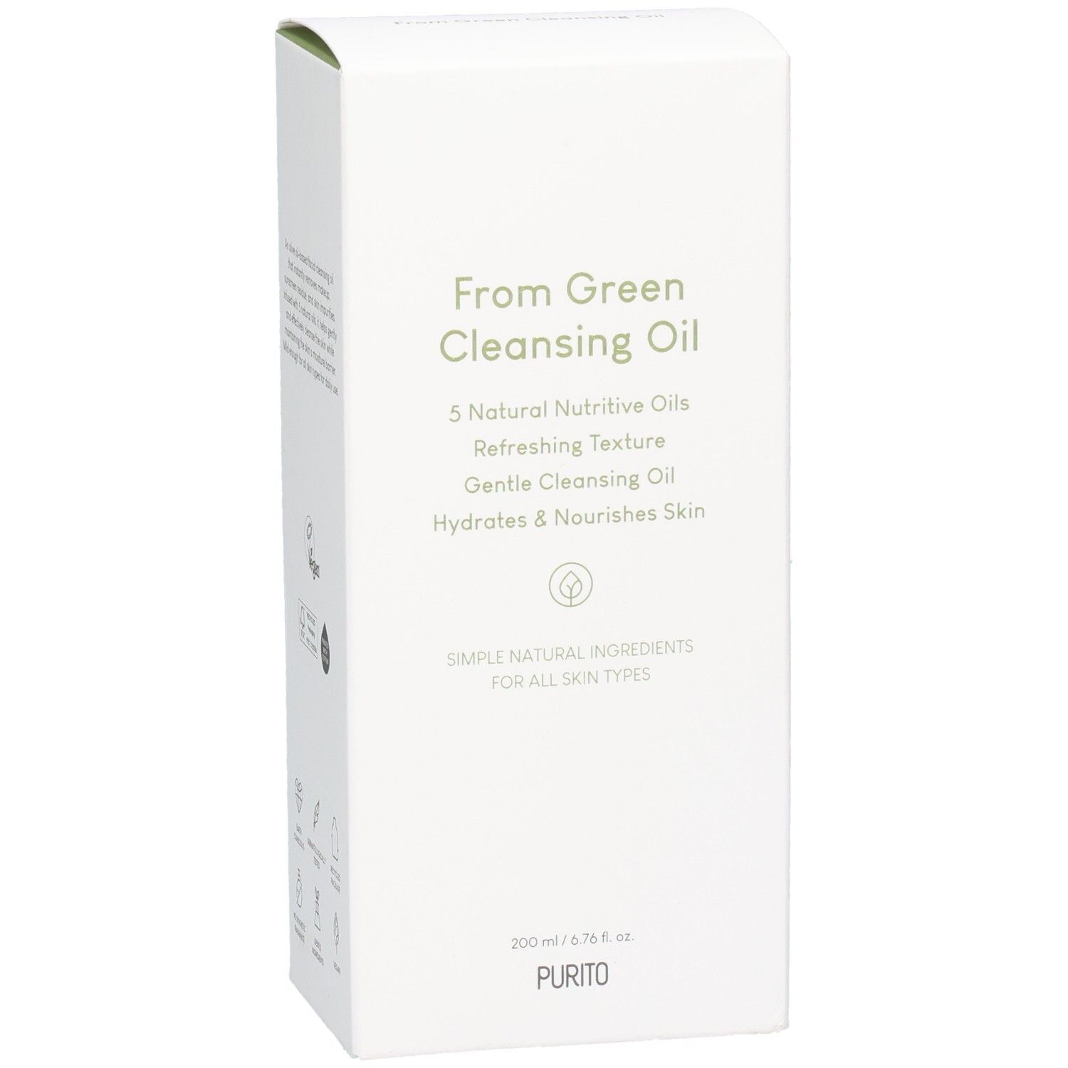 Witte productverpakking met groene tekst. From Green Cleansing Oil, 5 Natural Nutritive Oils, Hydrates & Nourishes Skin. Onderaan: PURITO.