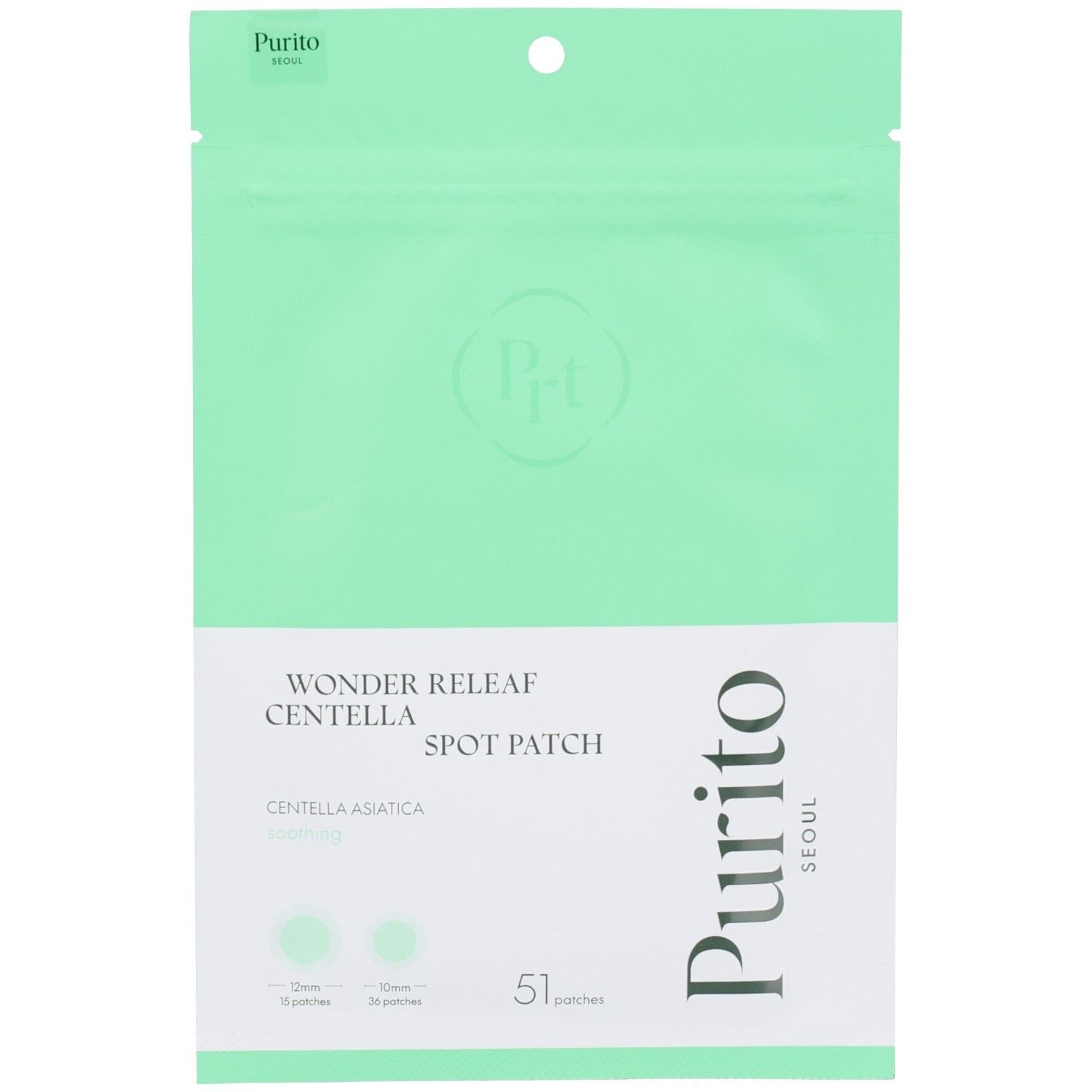 Groene verpakking met productnaam en logo. Bevat 51 pleisters. Tekst: Wonder Releaf Centella Spot Patch, Centella Asiatica, Purito Seoul.