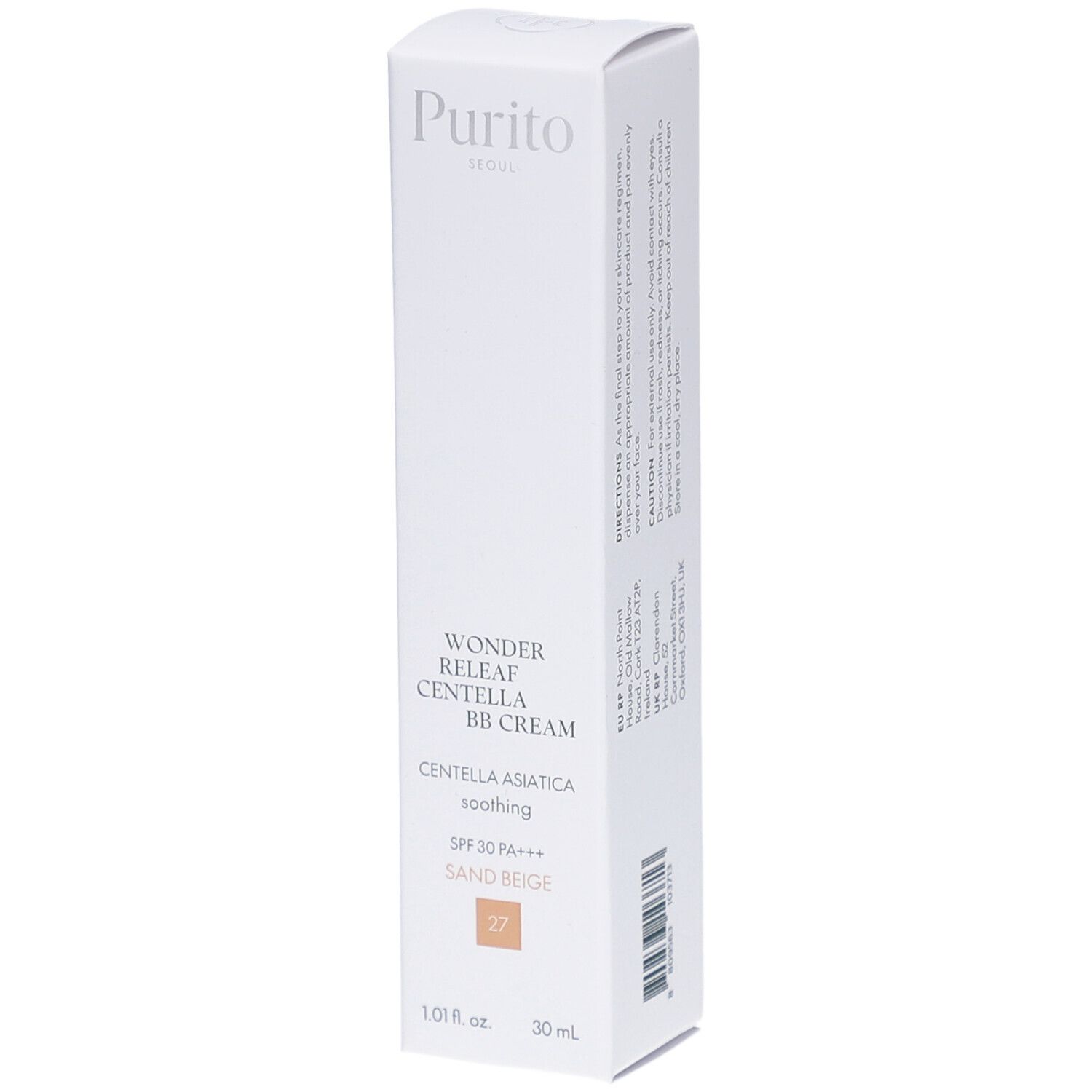 Witte verpakking met productnaam en details. Bevat BB Cream, tint Sand Beige 27, 30 ml. Merk Purito.