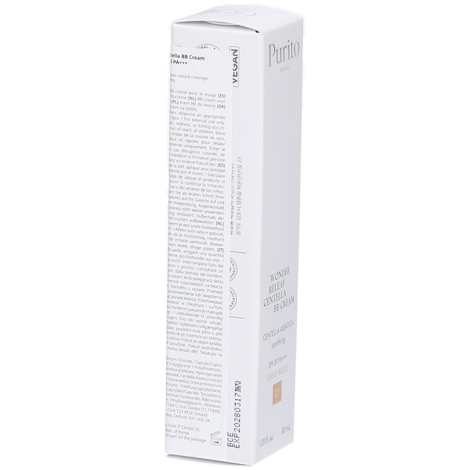 Witte verpakking met productinformatie. Bevat BB Cream, Vegan-logo. Merk Purito. Tekst op achterkant.