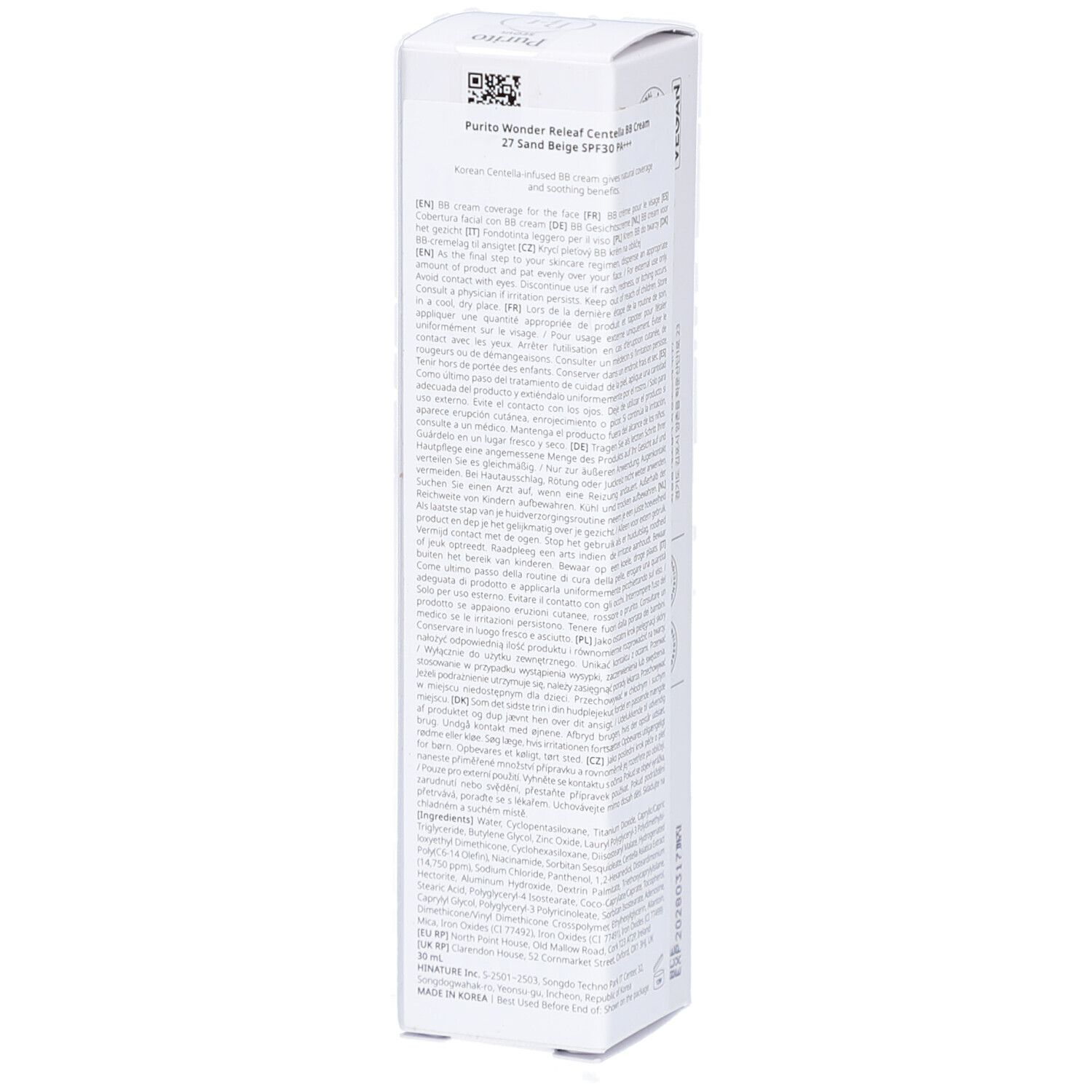 Witte verpakking met productinformatie. Bevat BB Cream. Merk Purito. Tekst en barcode op achterkant.