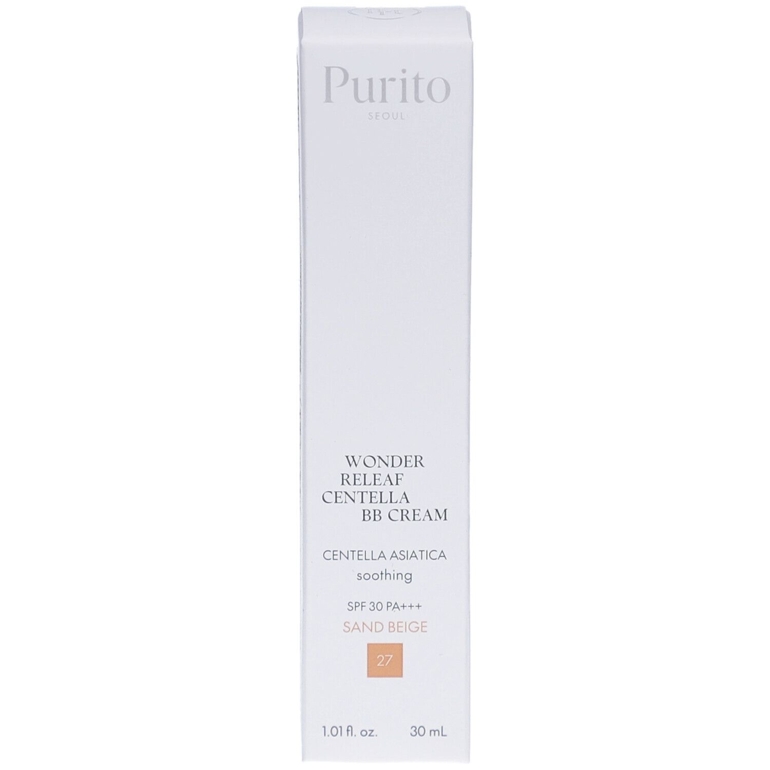 Witte verpakking met productnaam en details. Bevat BB Cream, tint Sand Beige 27, 30 ml. Merk Purito.