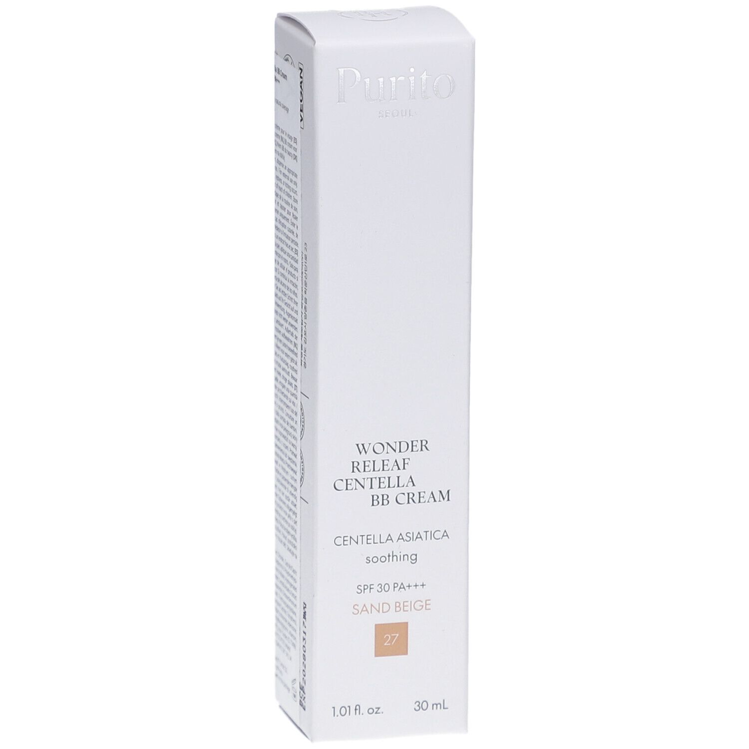 Witte verpakking met productnaam en details. Bevat BB Cream, tint Sand Beige 27, 30 ml. Merk Purito.