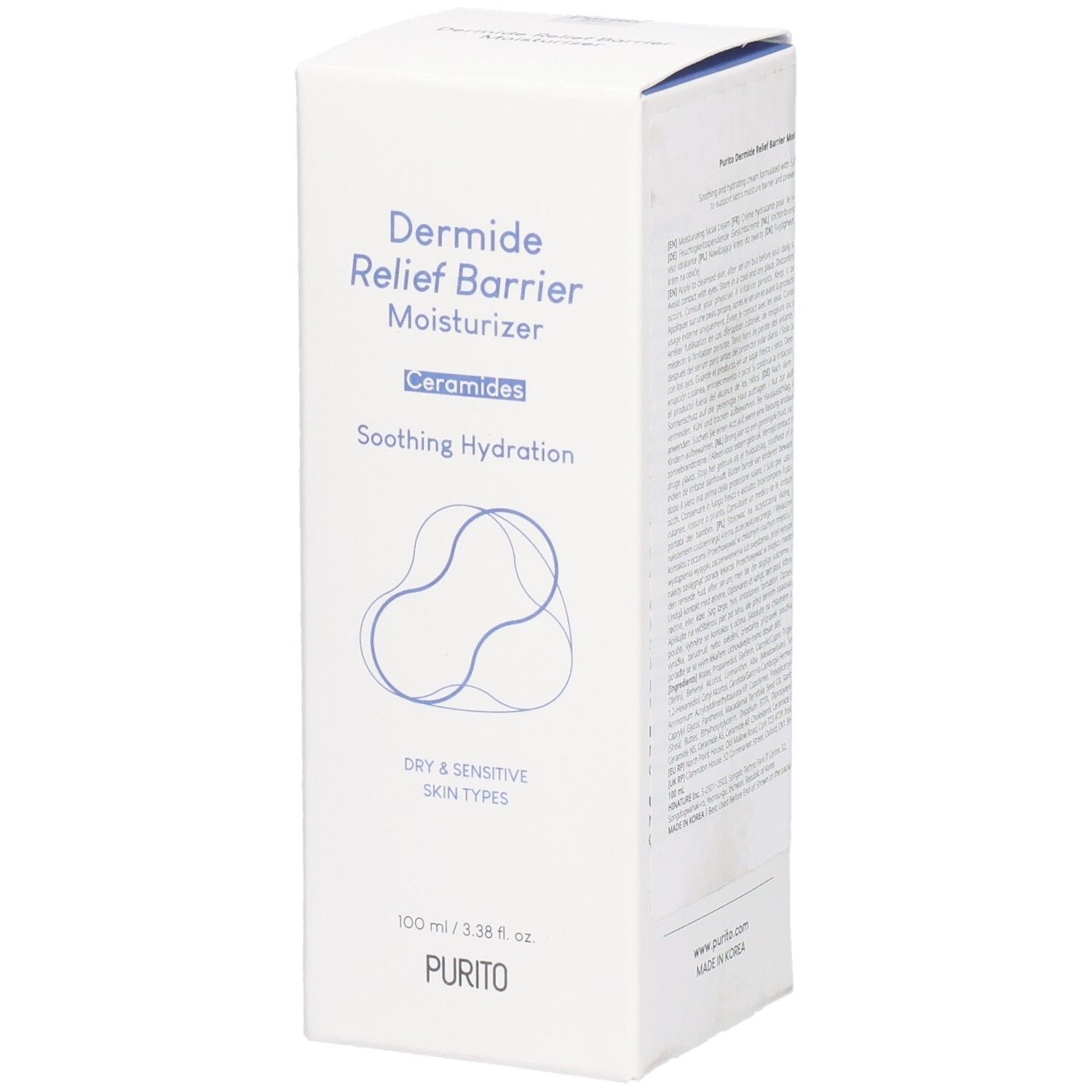 Boîte blanche avec texte bleu. Contient « Dermide Relief Barrier Moisturizer » et « PURITO ». 100 ml.