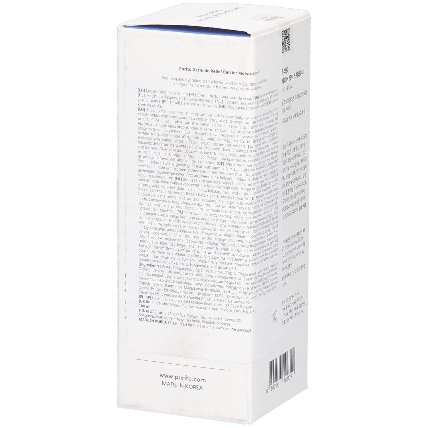 Emballage blanc avec texte en plusieurs langues. Contient un code QR et « PURITO ». Contient des informations sur le produit.