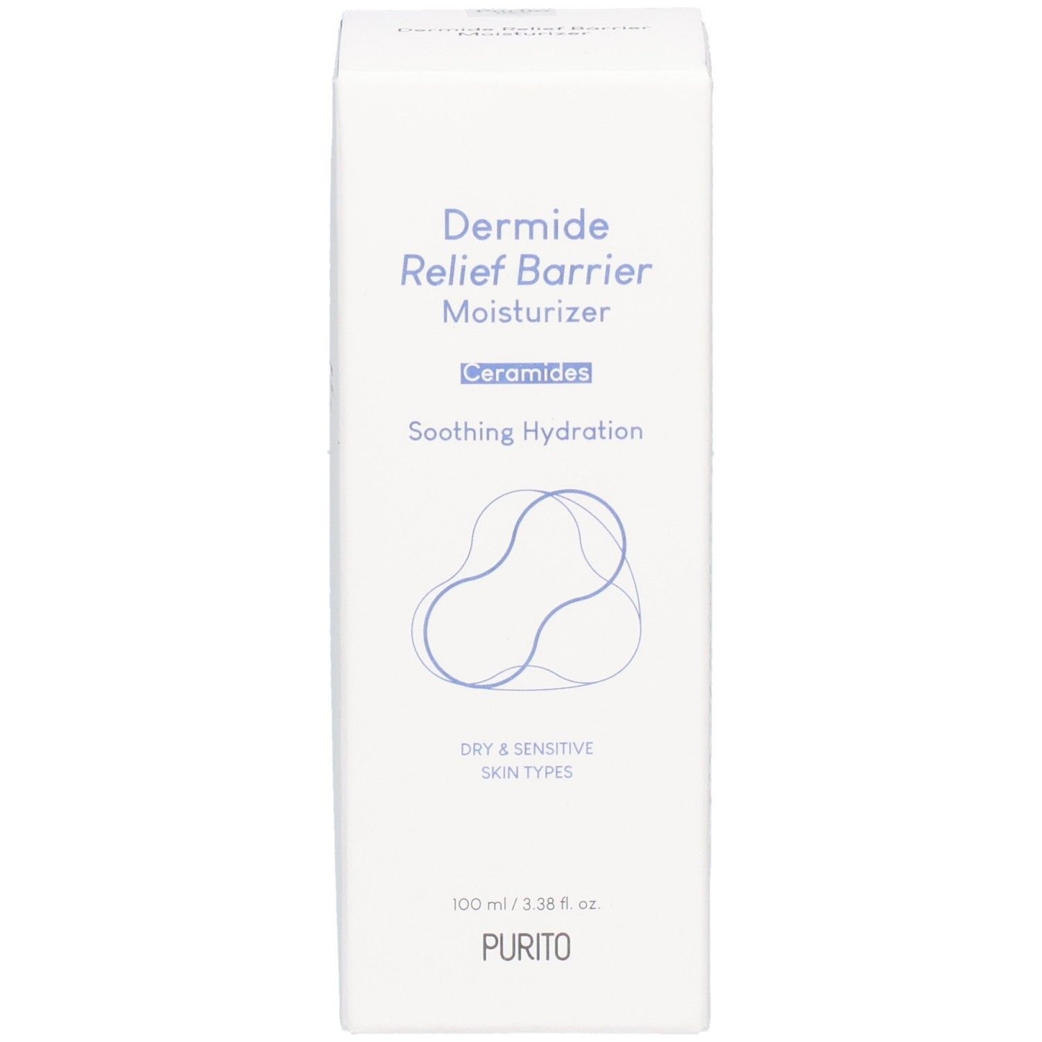 Boîte blanche avec texte bleu. Contient « Dermide Relief Barrier Moisturizer » et « PURITO ». 100 ml.