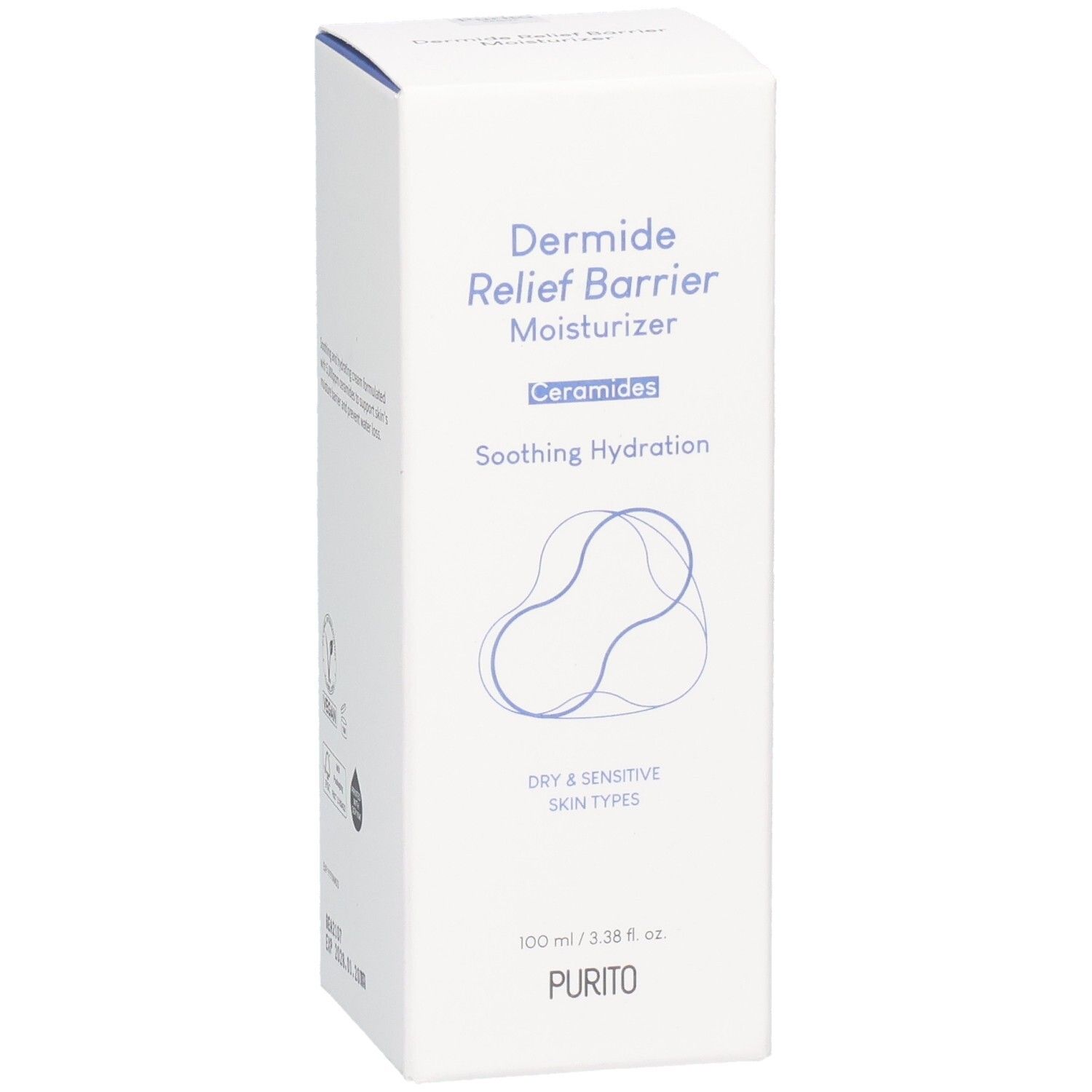 Boîte blanche avec texte bleu. Contient « Dermide Relief Barrier Moisturizer » et « PURITO ». 100 ml.