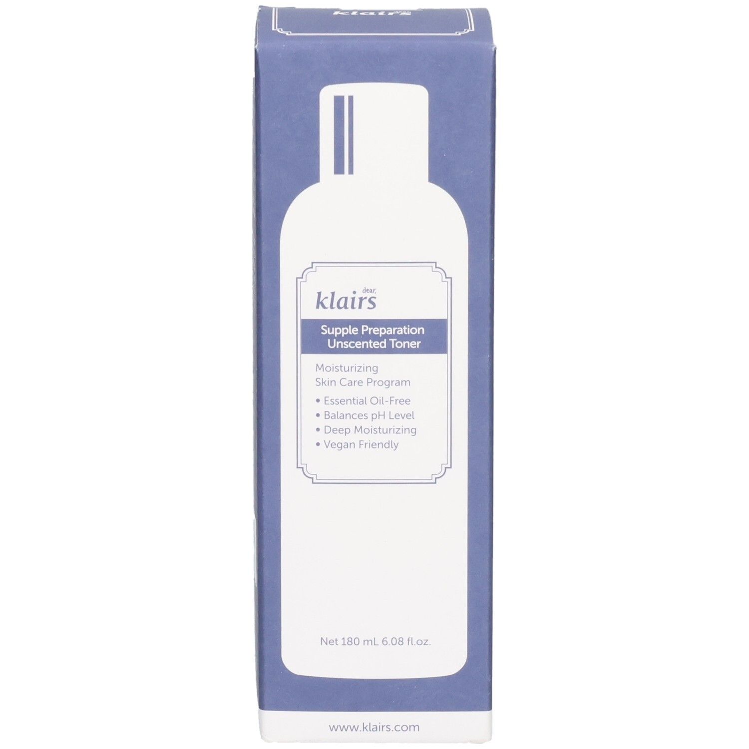 Emballage bleu. Inscription: Dear Klairs Supple Preparation Unscented Toner. Image de bouteille. Texte.
