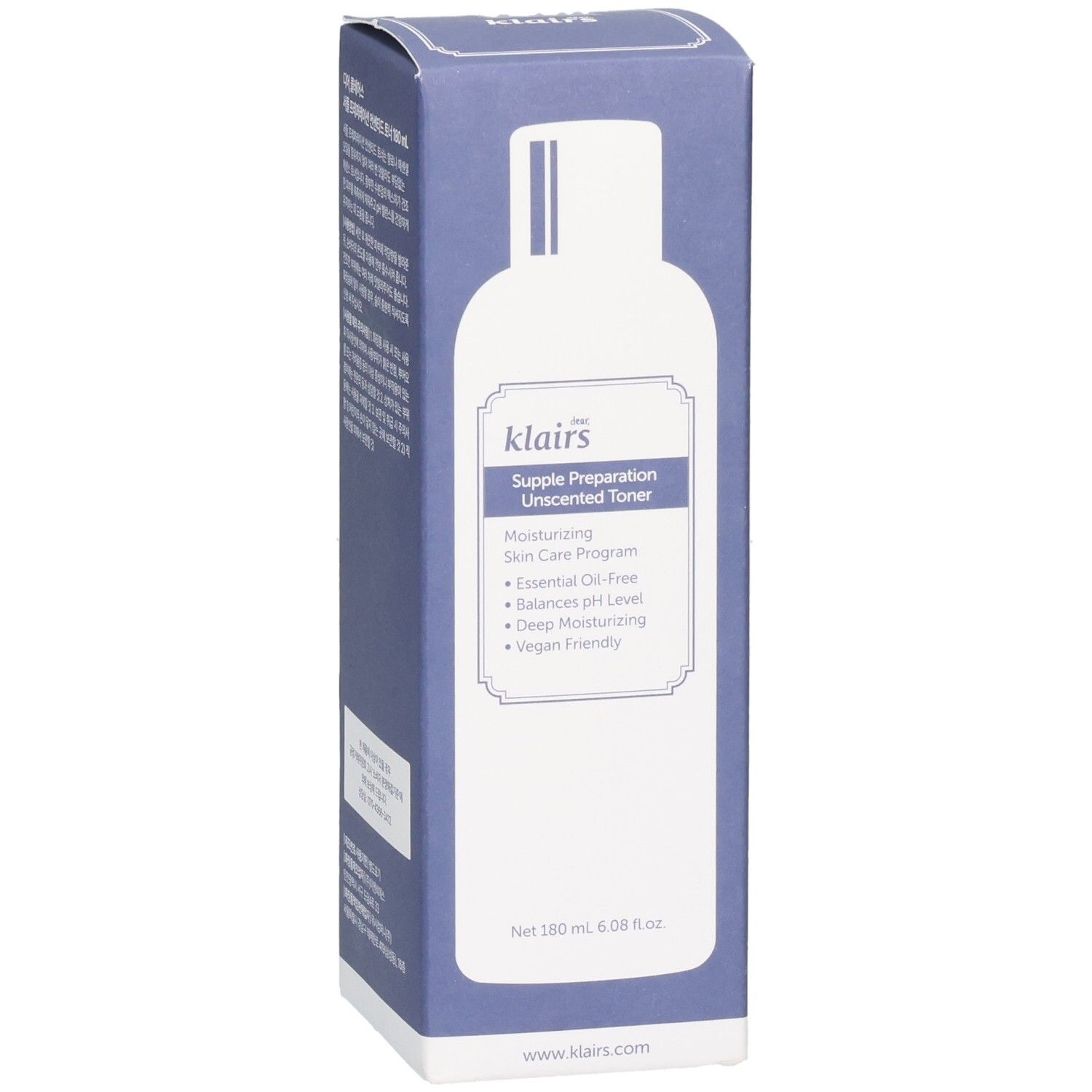 Emballage bleu. Inscription: Dear Klairs Supple Preparation Unscented Toner. Image de bouteille. Texte.