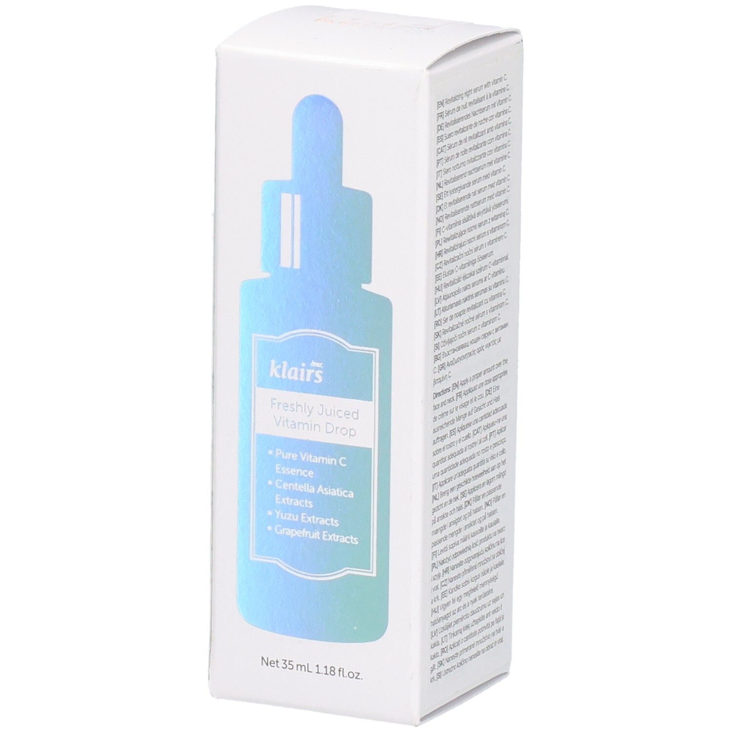 Boîte blanche avec illustration du produit. Inscription : klairs Freshly Juiced Vitamin Drop. Contient des ingrédients.
