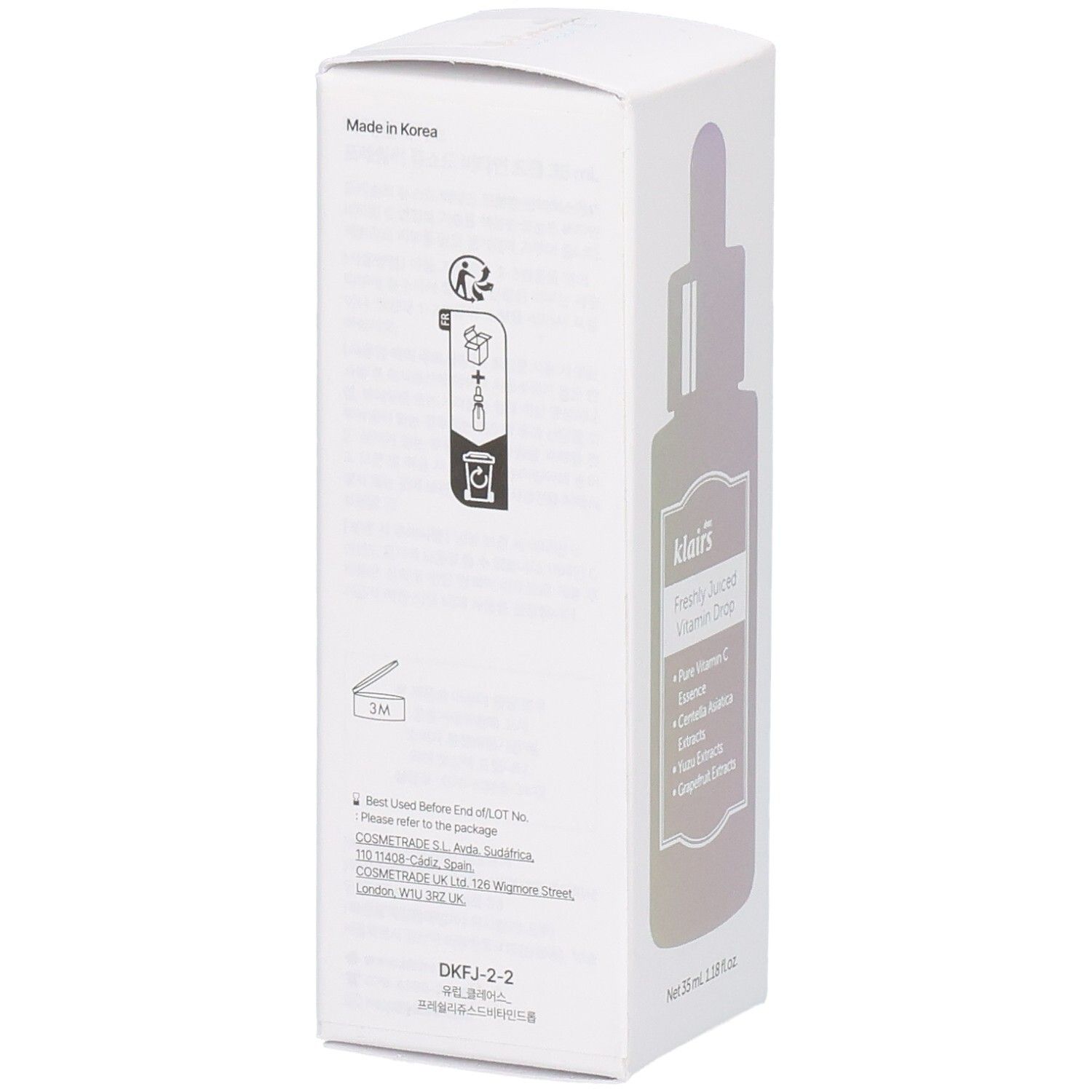 Dos de l'emballage blanc. Contient des informations, des symboles et du texte. Fabriqué en Corée. Durabilité.