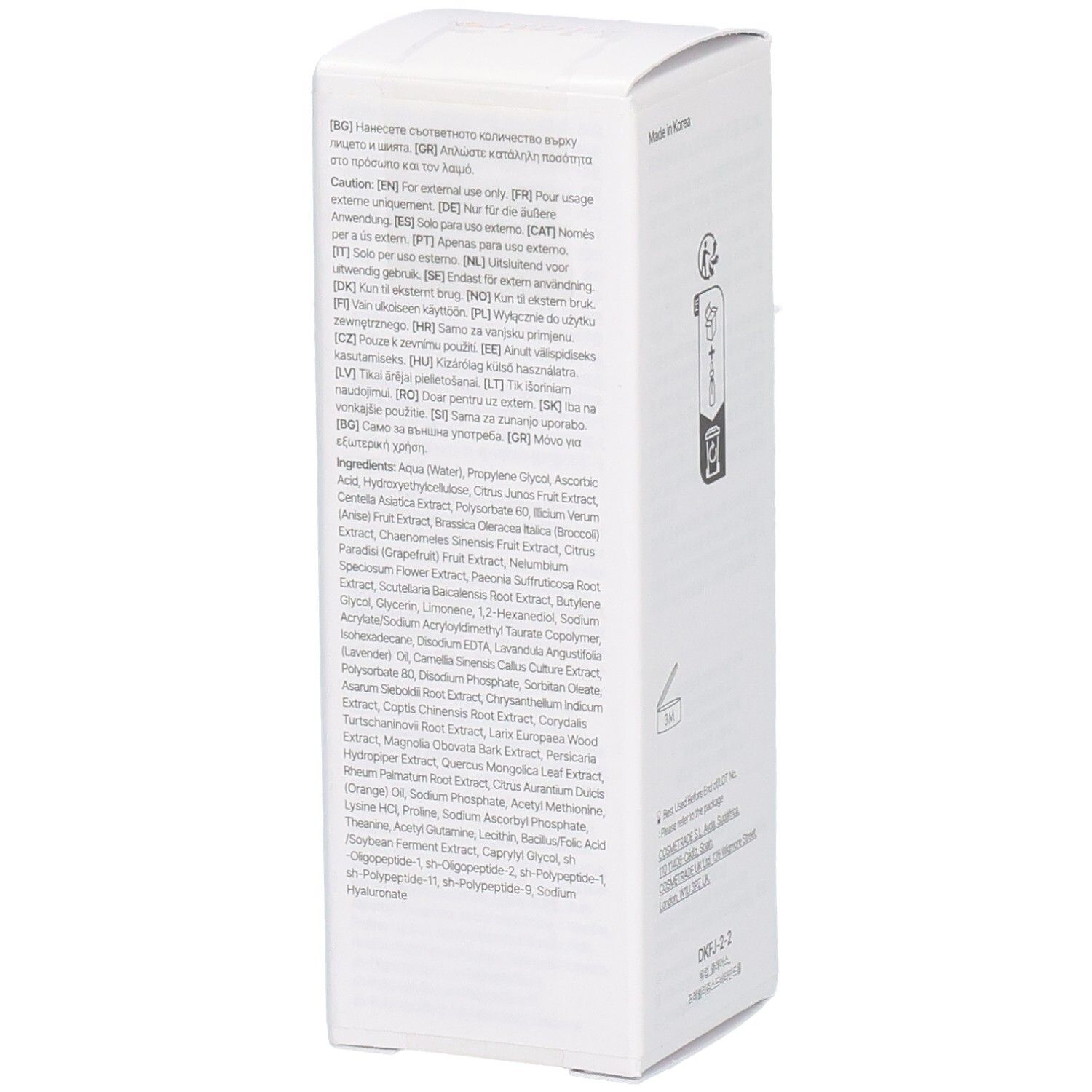 Côté de l'emballage blanc. Contient du texte en plusieurs langues. Contient des ingrédients et des instructions.