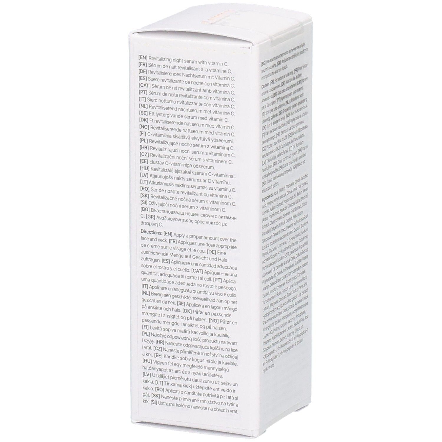 Côté de l'emballage blanc. Contient du texte en plusieurs langues. Contient des instructions d'utilisation.