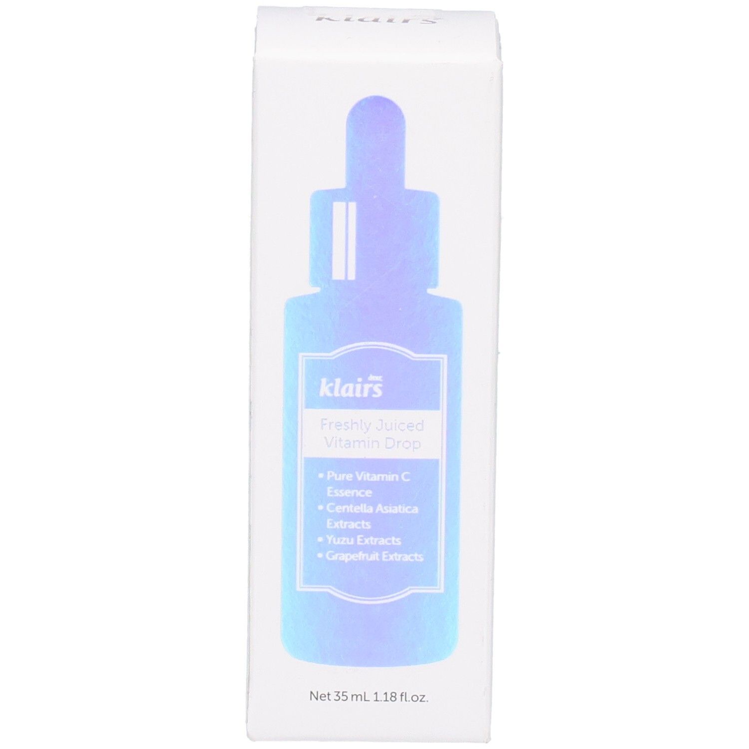 Boîte blanche avec illustration du produit. Inscription : klairs Freshly Juiced Vitamin Drop. Contient des ingrédients.