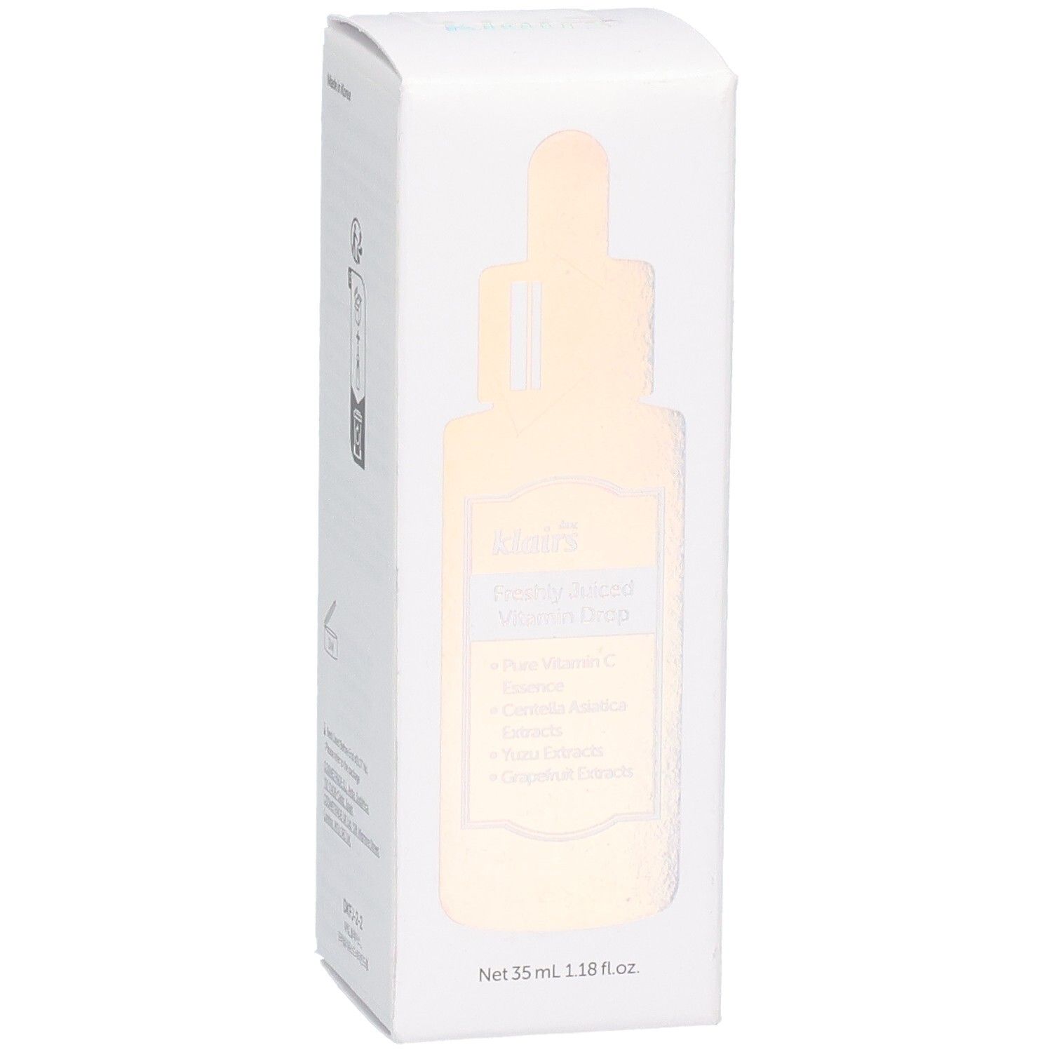 Boîte blanche avec illustration du produit. Inscription : klairs Freshly Juiced Vitamin Drop. Contient des ingrédients.
