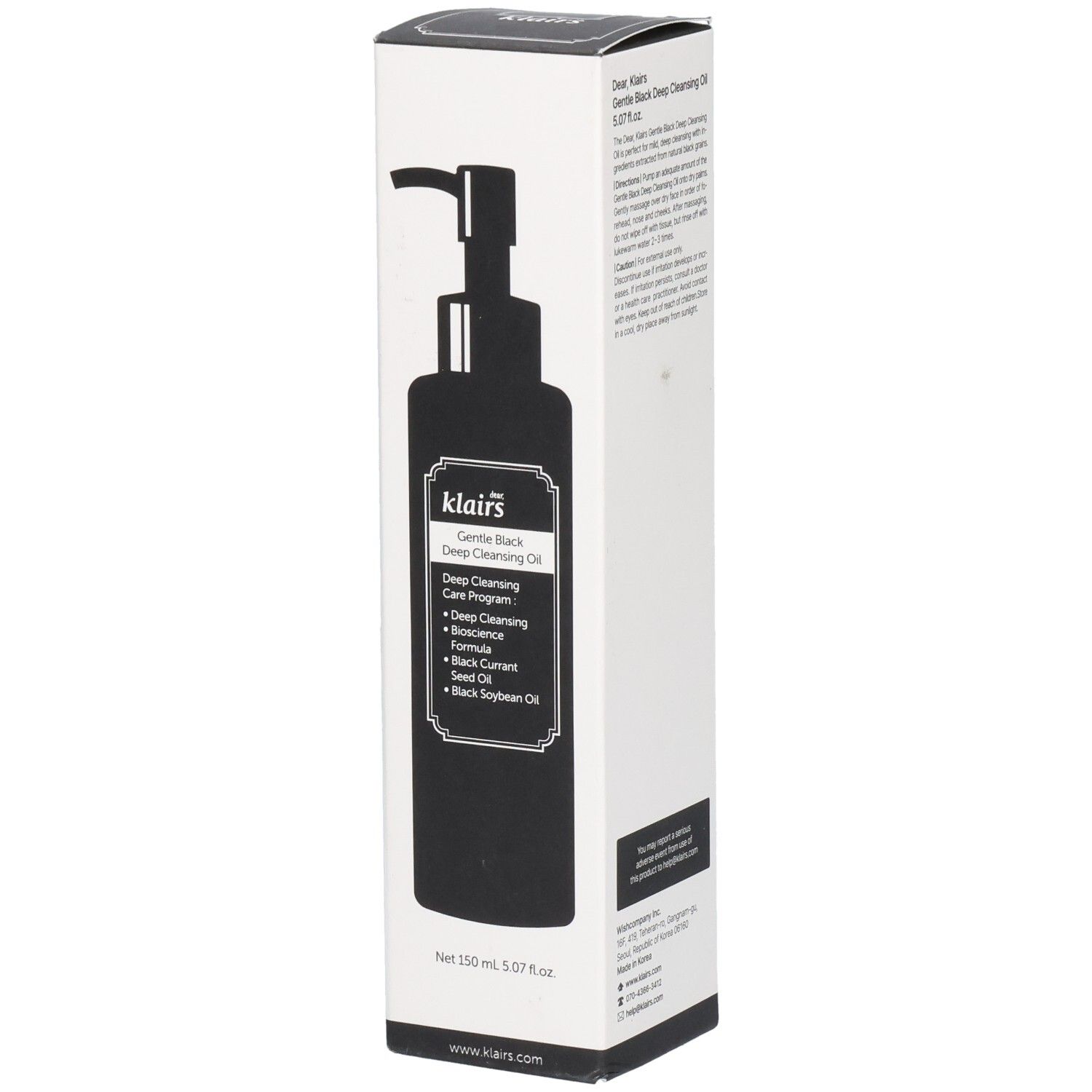 Witte verpakking met zwarte productafbeelding. Tekst: Gentle Black Deep Cleansing Oil. Pomp. Veganistisch logo.
