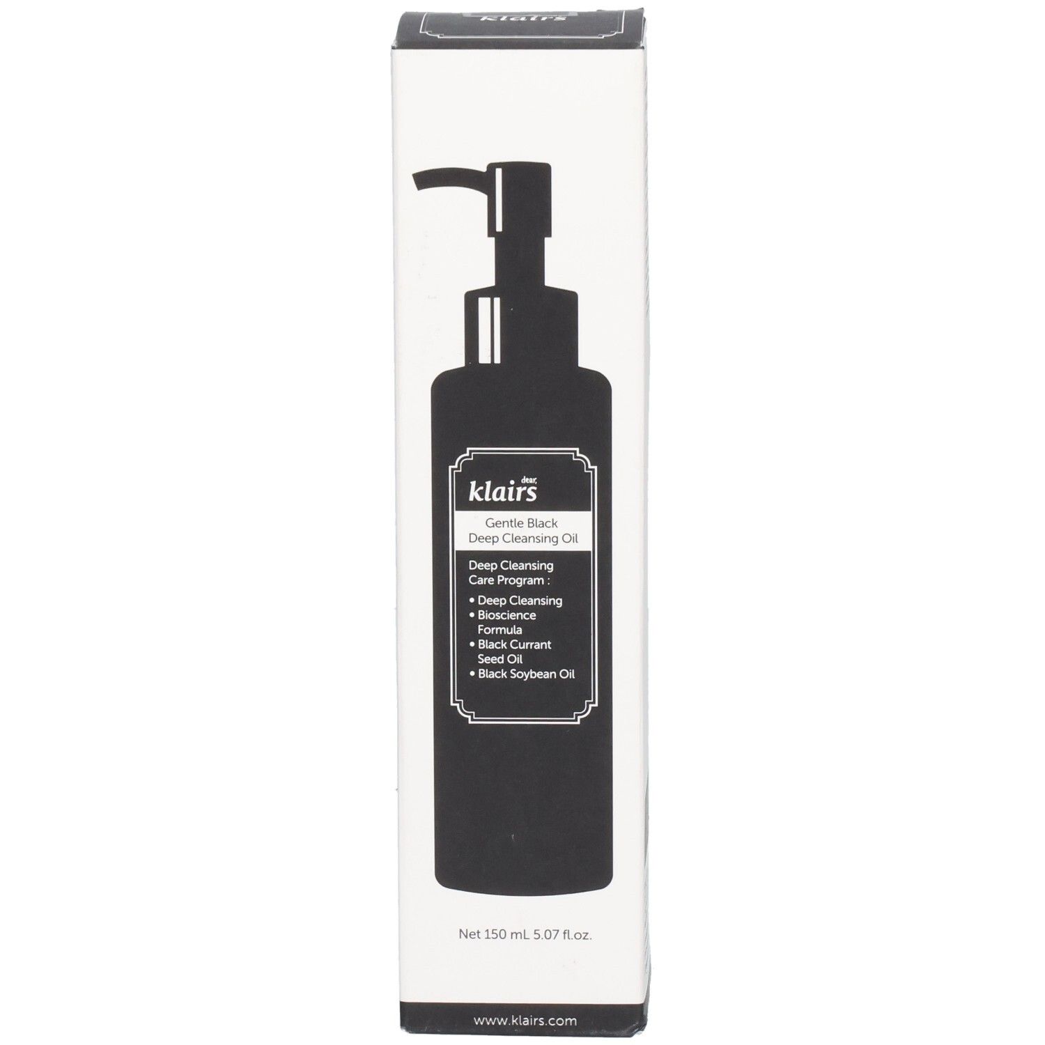 Witte verpakking met zwarte productafbeelding. Tekst: Gentle Black Deep Cleansing Oil. Pomp. Voorkant.