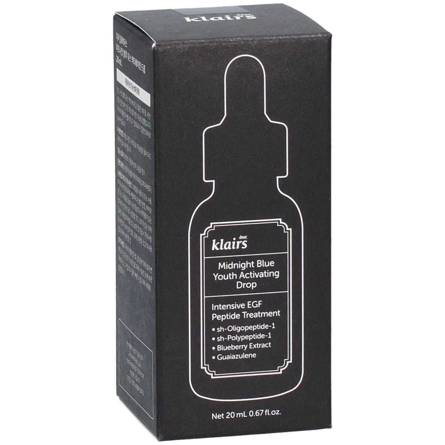 Boîte noire avec image du produit. Contient le texte : Midnight Blue Youth Activating Drop. 20 ml. Avec peptides.