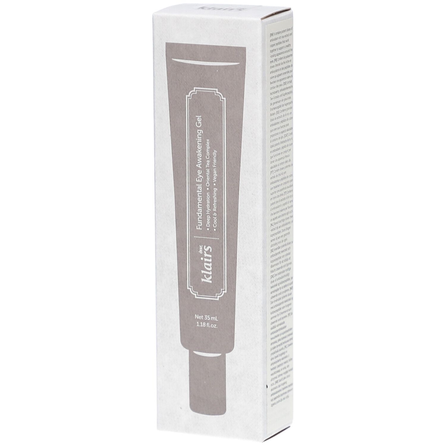 Klairs Fundamental Eye Awakening Gel in verpakking. Tube en doos met info. Grijze kleur.