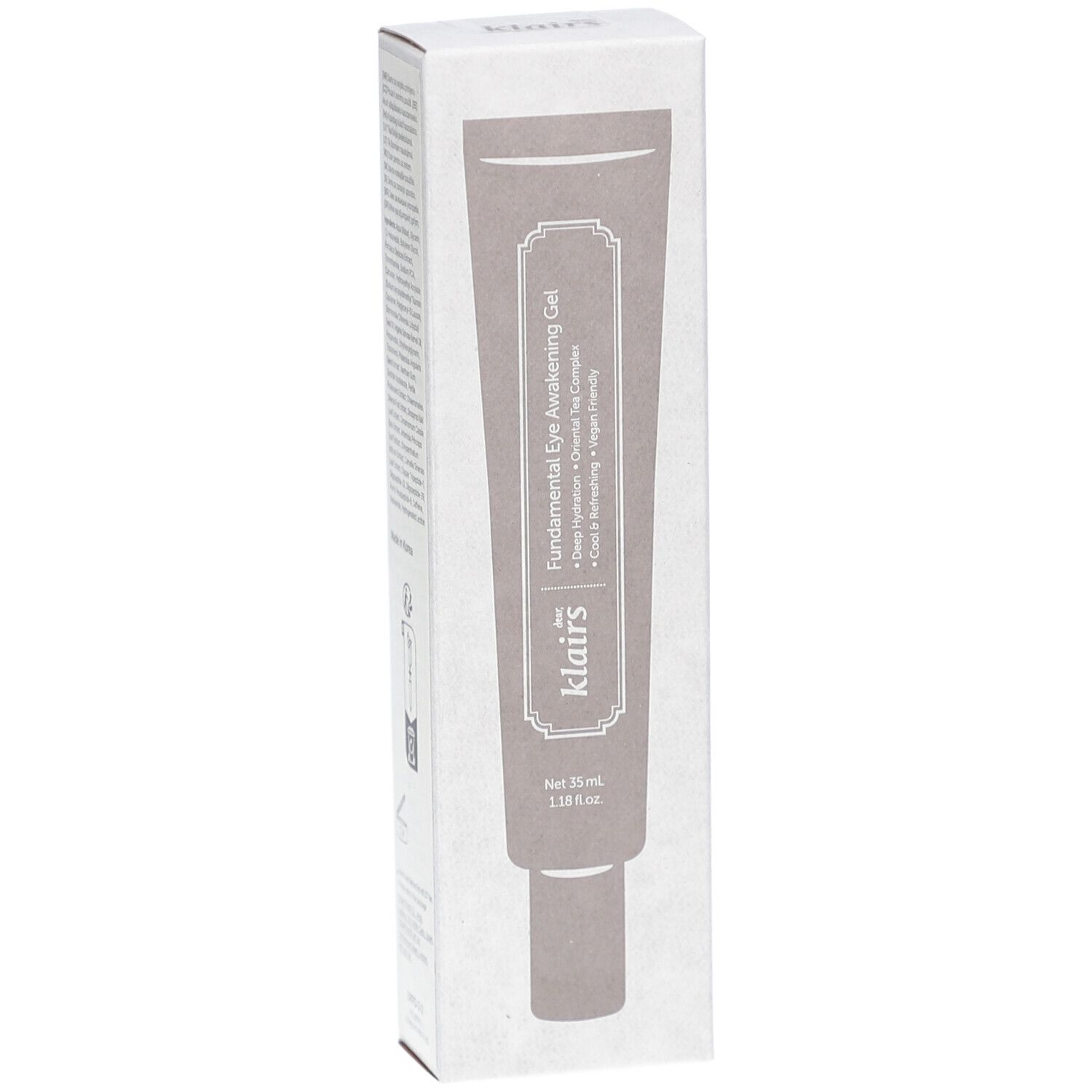 Klairs Fundamental Eye Awakening Gel in verpakking. Tube en doos met info. Grijze kleur.