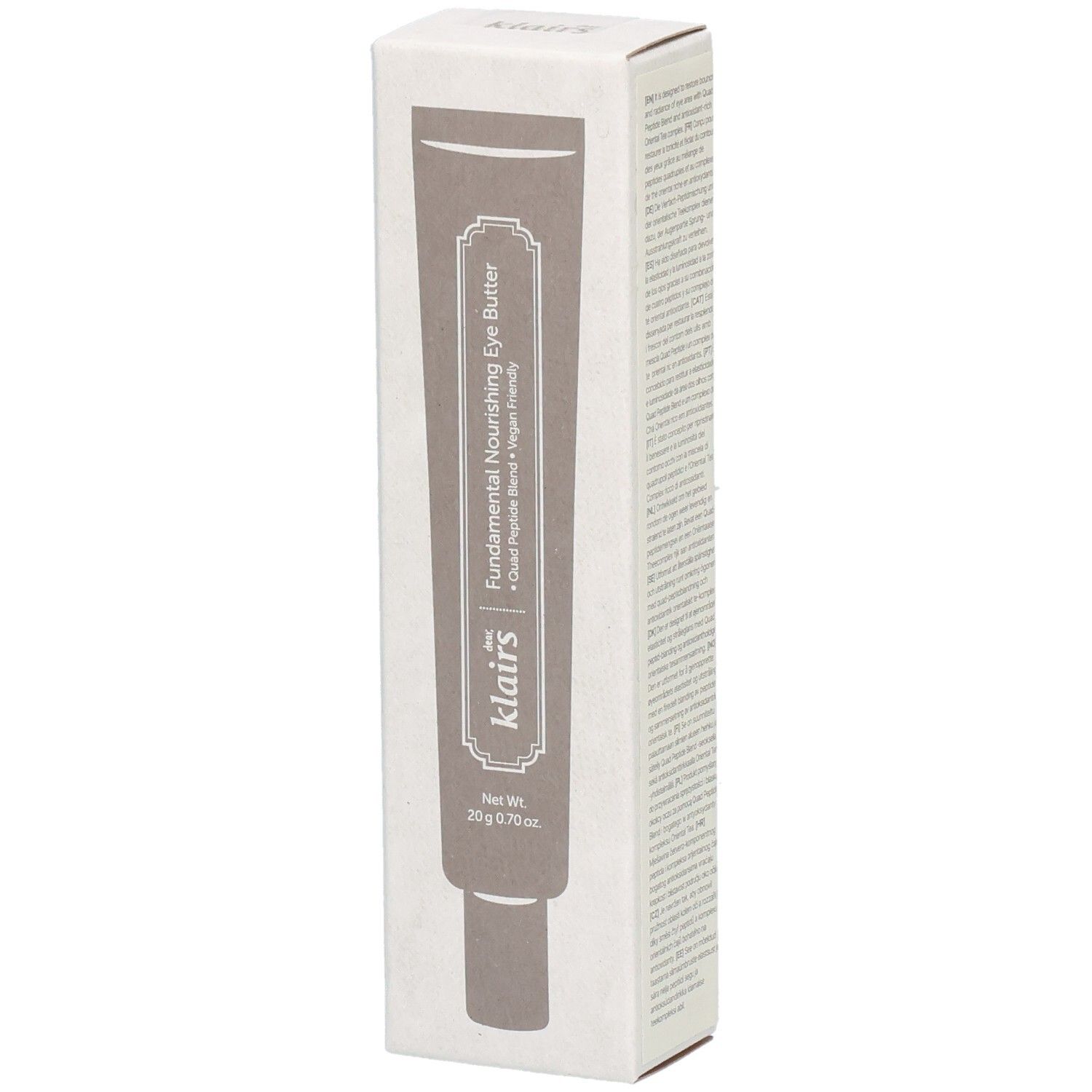 Boîte en carton avec illustration du produit. Inscription : « Fundamental Nourishing Eye Butter » et « dear, klairs ». Contenu net : 20 g / 0,70 oz.